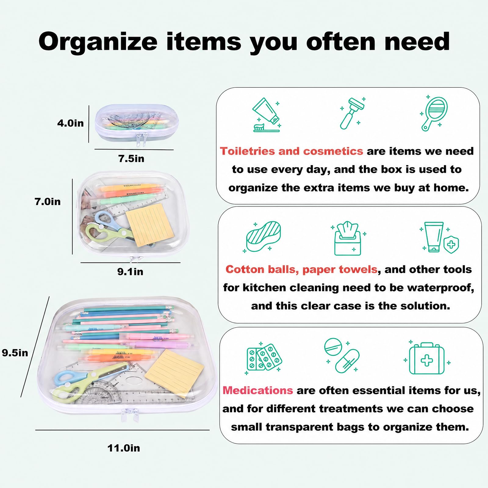Clear Hard Shell Zipper Case,3PCS Transparent Clear Zipper Pouches,Hard Side Plastic Case