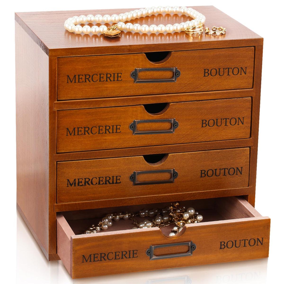 Wesiti Wooden Desk Organizer, 4 Drawers, Vintage Makeup Cabinet, Brown