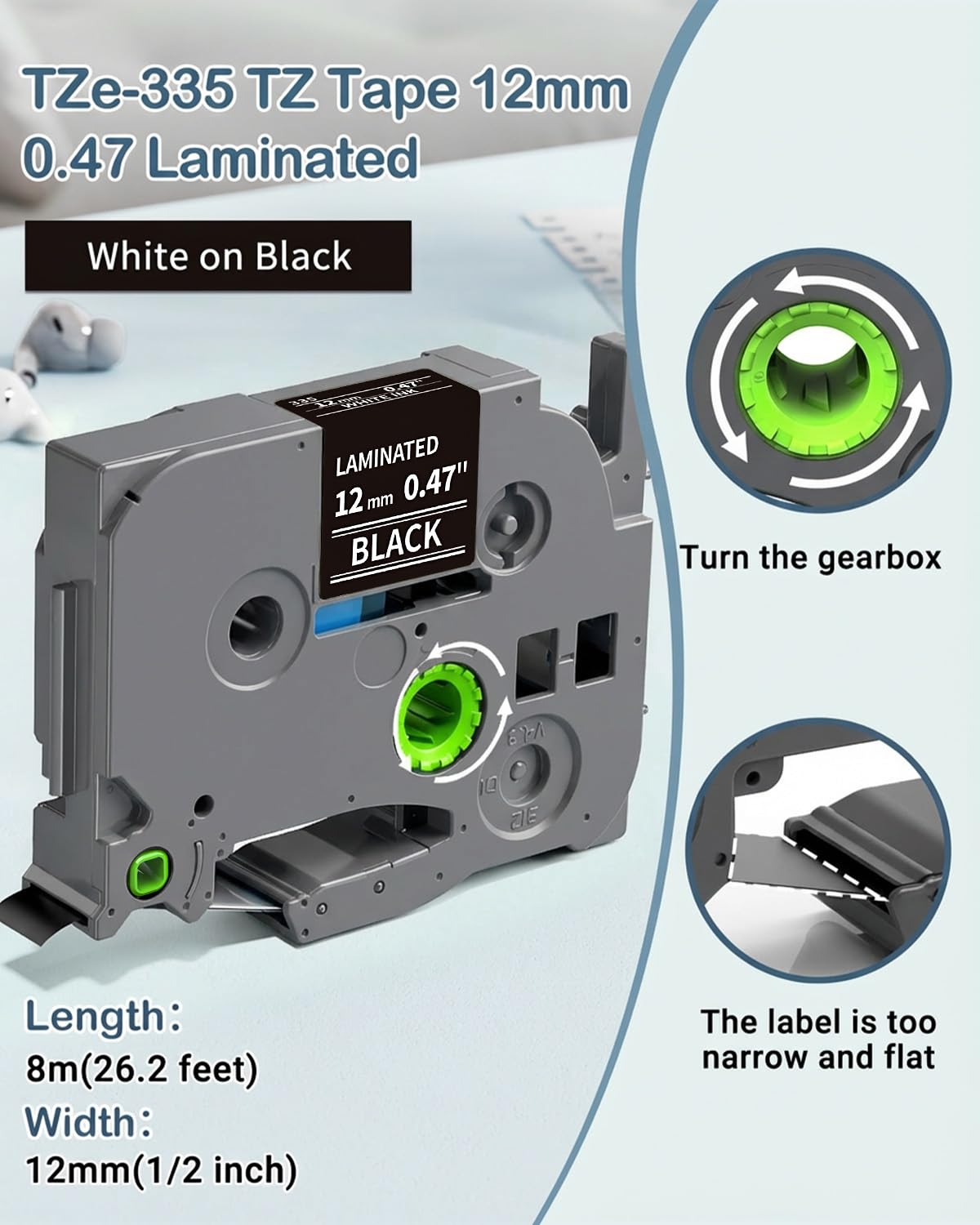 MarkDomain Laminated 0.47 White on Black Compatible Brother TZe Tape 12mm