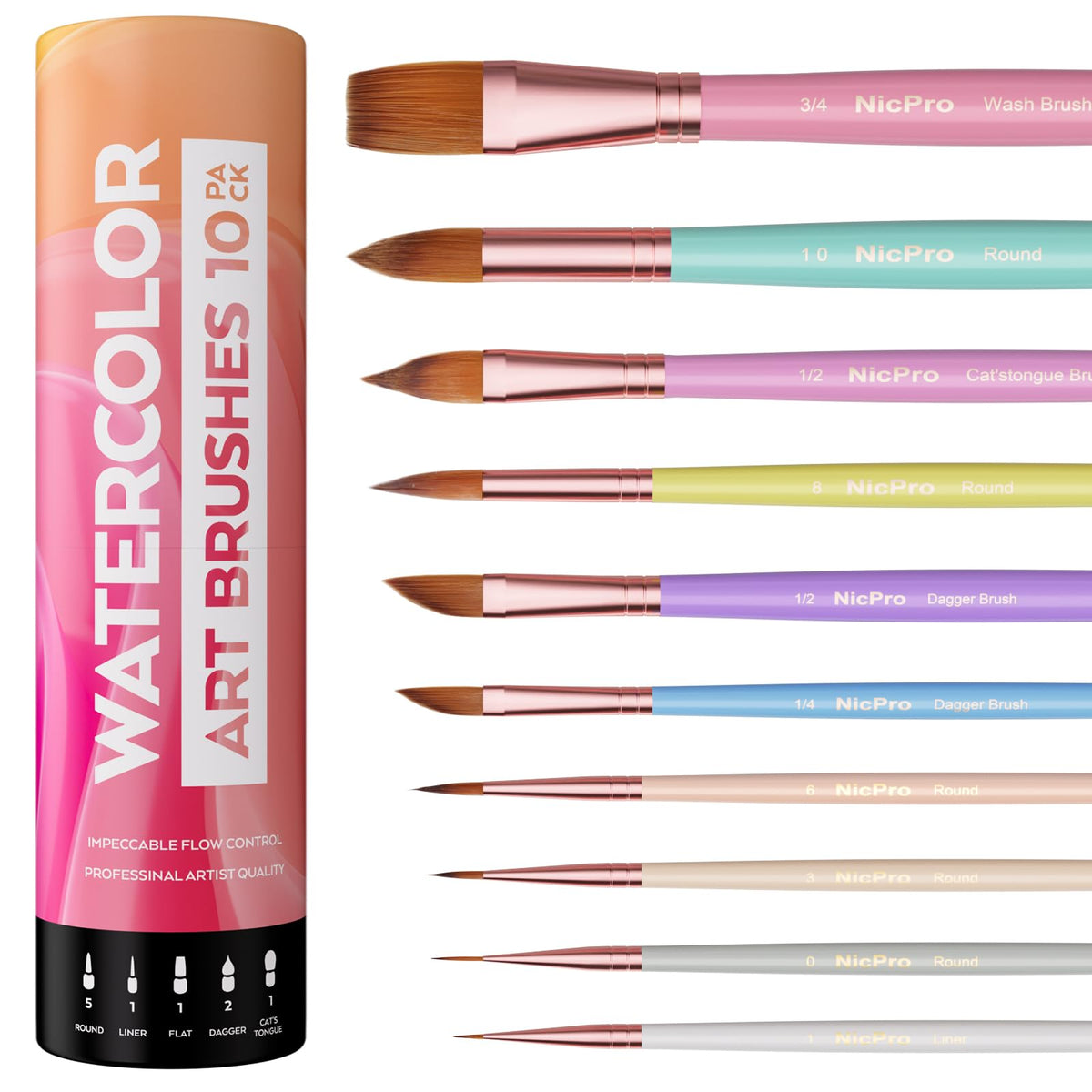 Nicpro 10PCS Watercolor Brushes, Aesthetic Professional Watercolor Paint Brush Set, Water Color