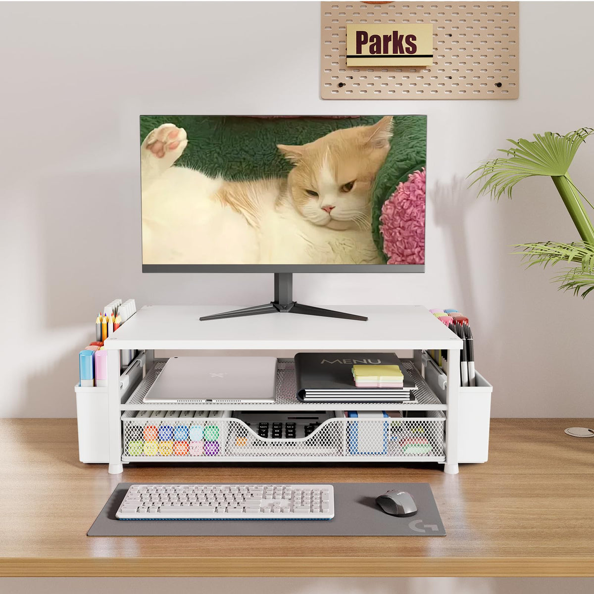 OPNICE Desk Organizers and Accessories, Computer Monitor Stand Riser with Drawer and 2 Pen Holders