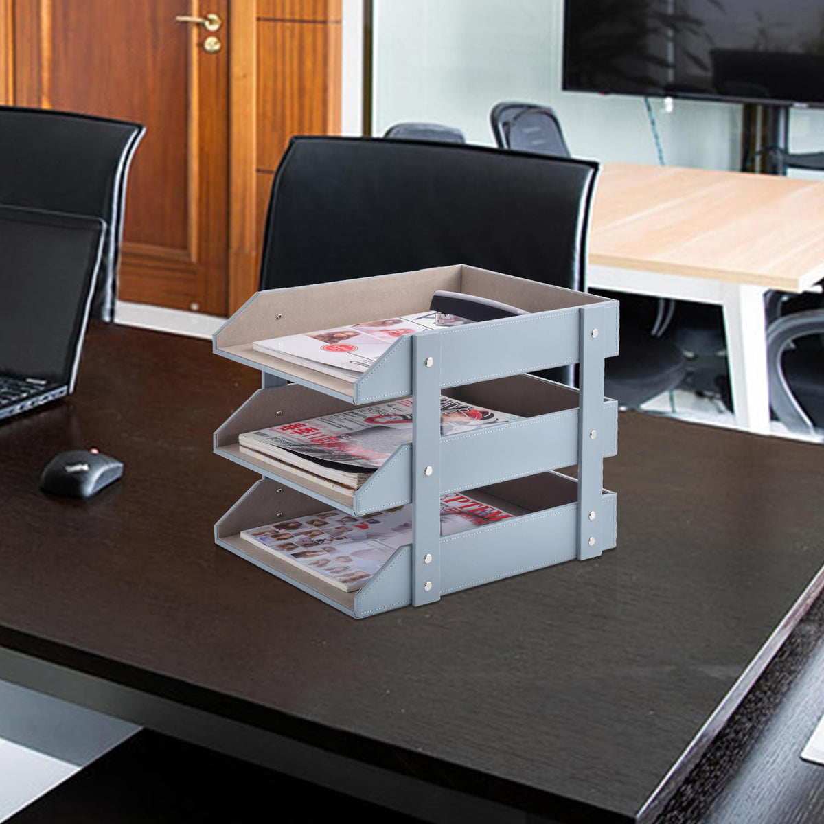 Leather Desk Organize Holder,3-Layer Stackable Letter Tray,Used to Store