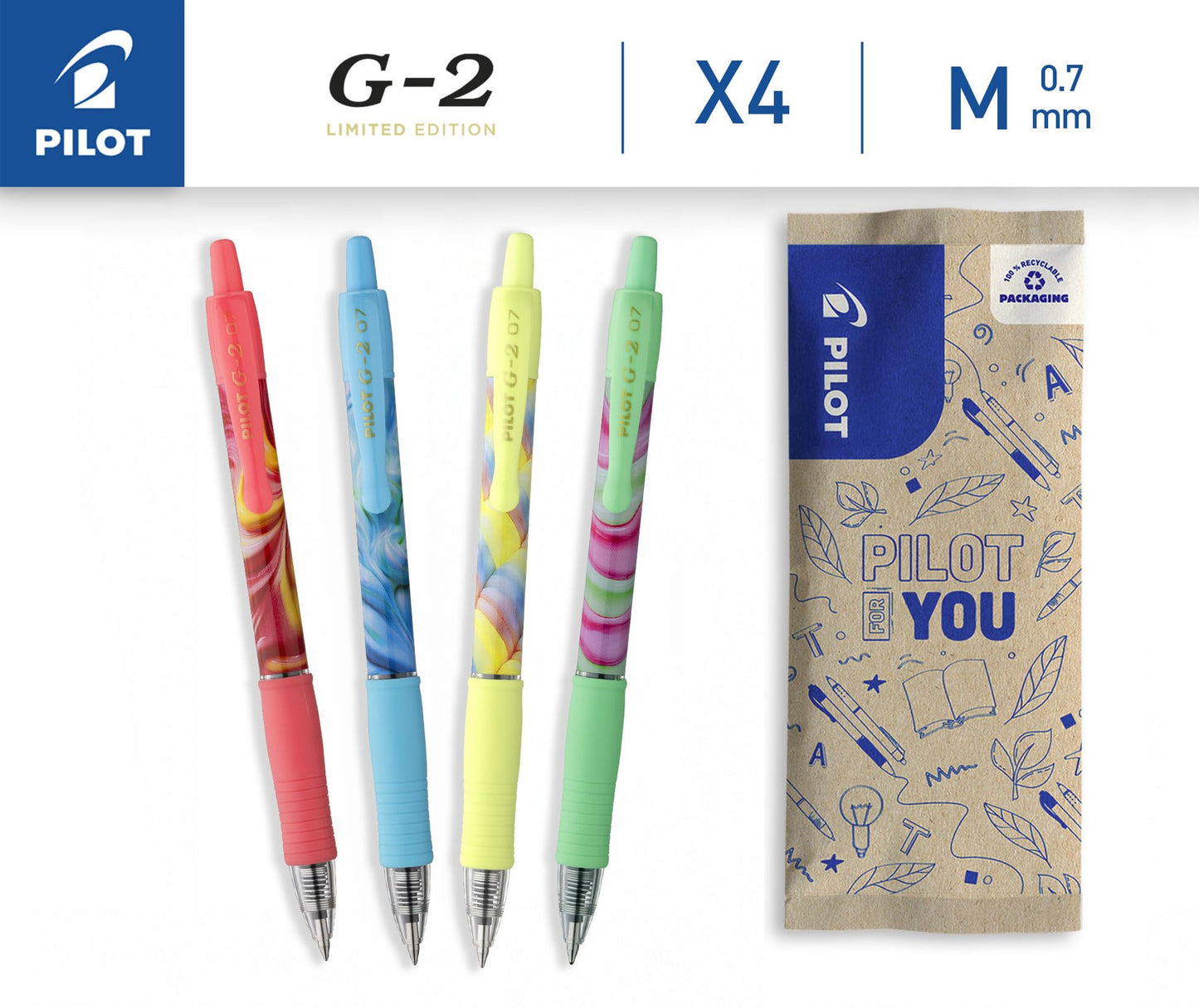 PILOT - Set of 4 G2 Flow - Limited Edition - Retractable Gel Rollerball Pens - Refillable