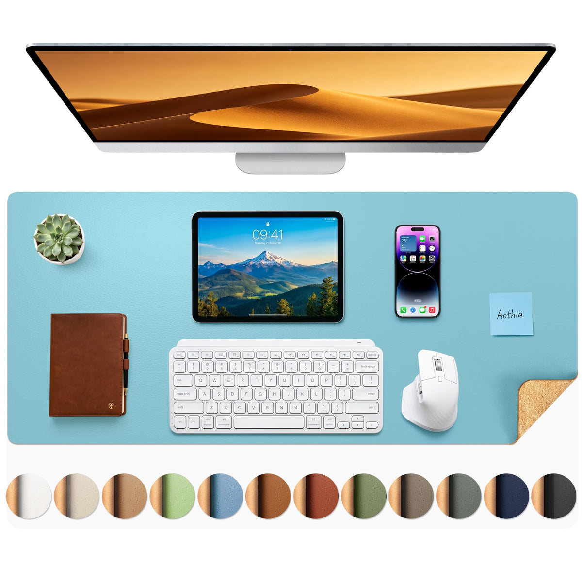 Aothia Double-Sided Desk Pad – 35.4" x 15.7" Leather Desk Mat with Eco Cork Protector, Large Mouse