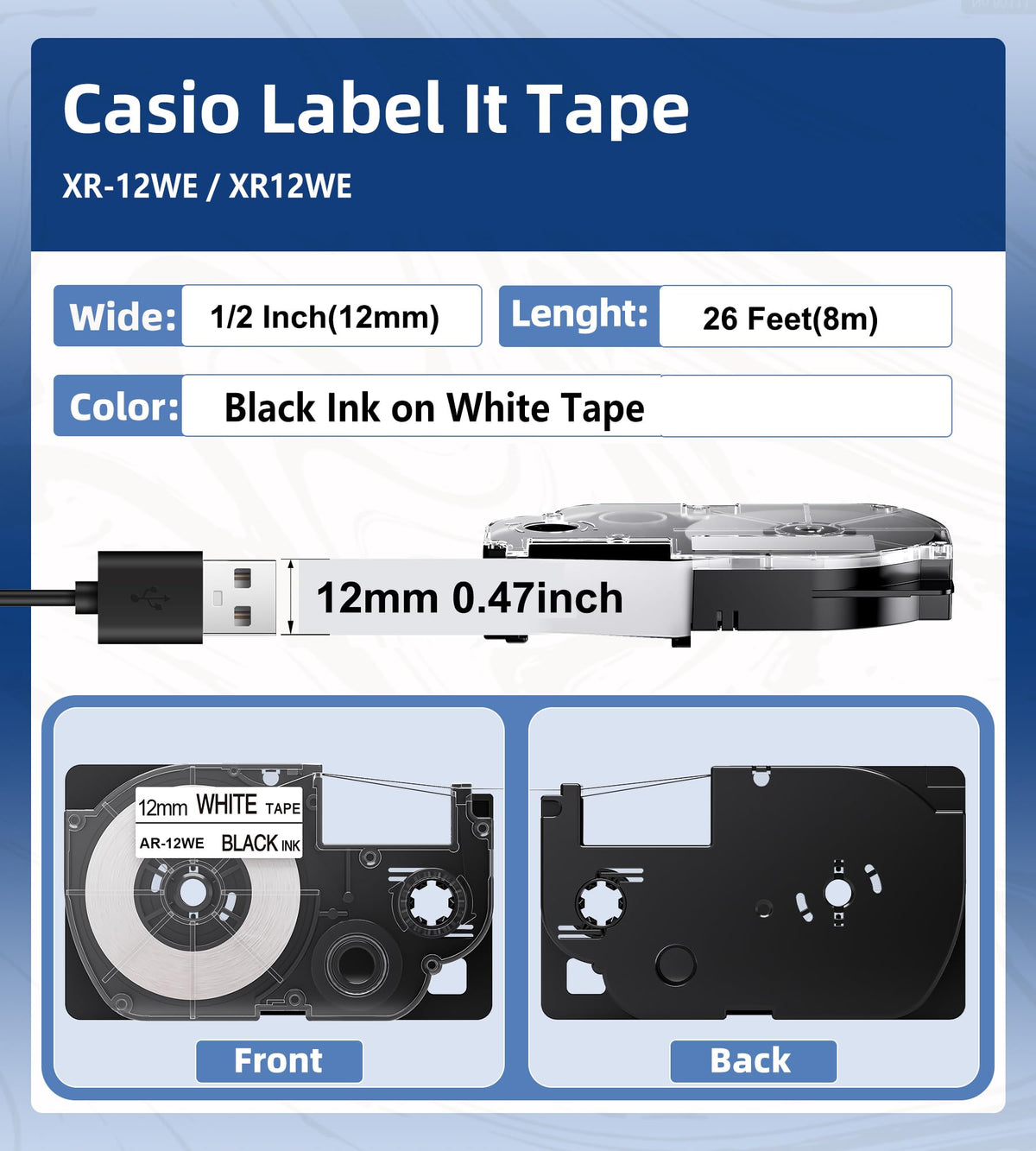 Replacement for Casio XR-12WE 12mm (1/2") Black on White Label Maker Tape