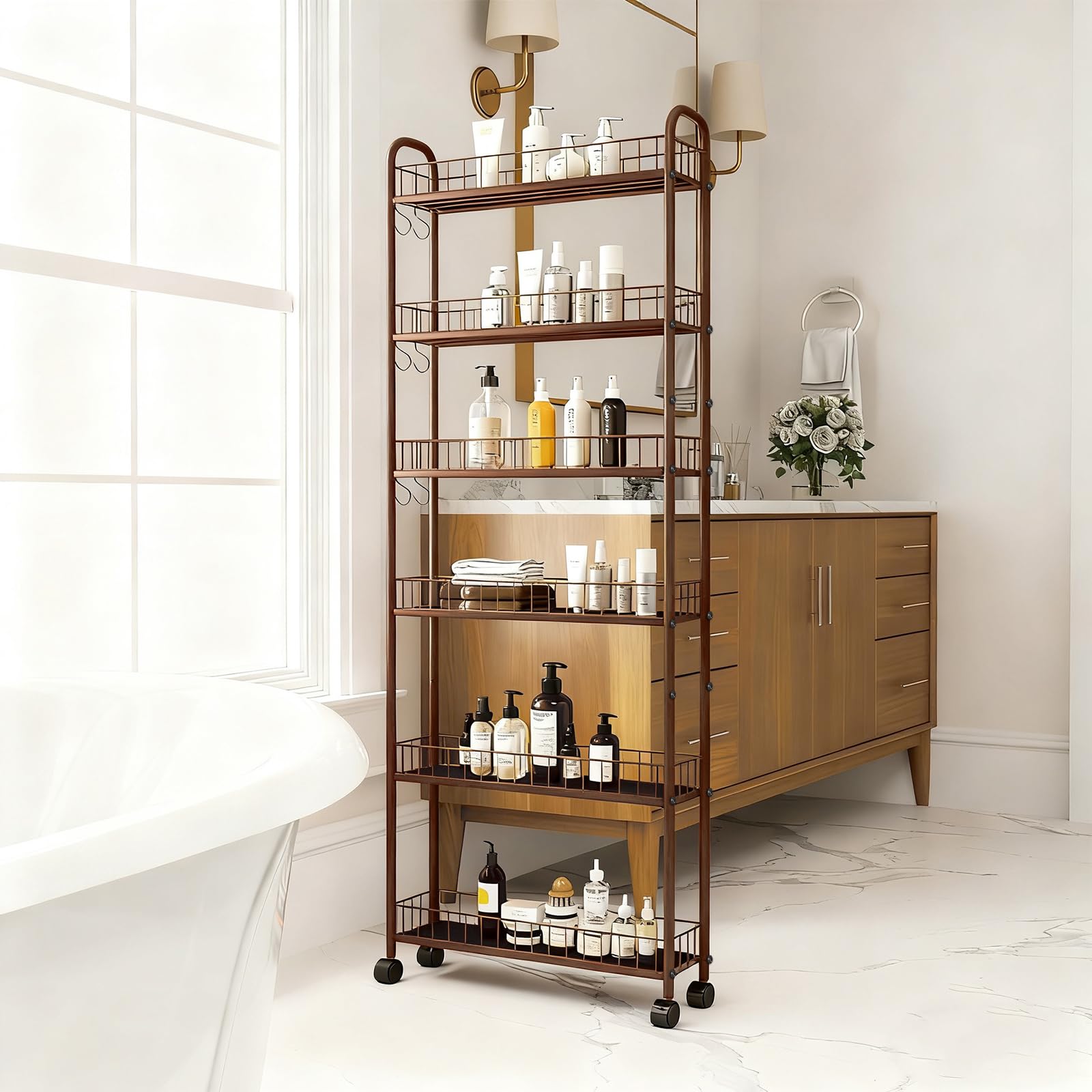 RUOZTEOO 6in 6-Tier Slim Storage Cart with Wheels, Metal Narrow Rolling Shelf, Sturdy Slim Storage