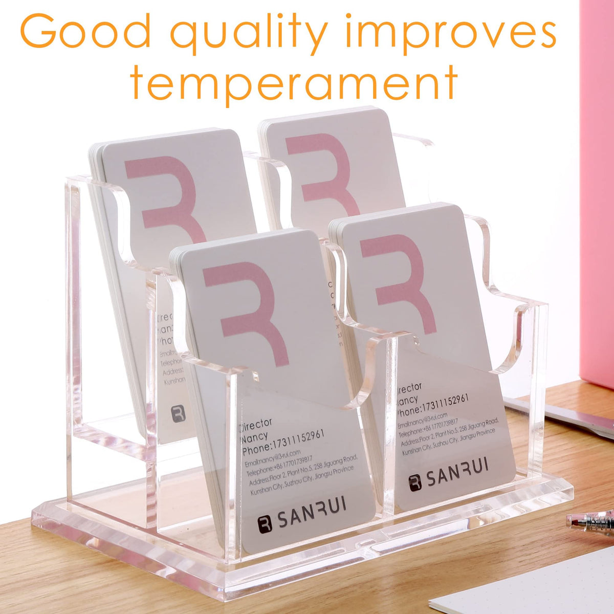 SANRUI Vertical Business Card Holder for Desk，Clear Acrylic Business Card Display Stand，4 Slots 2