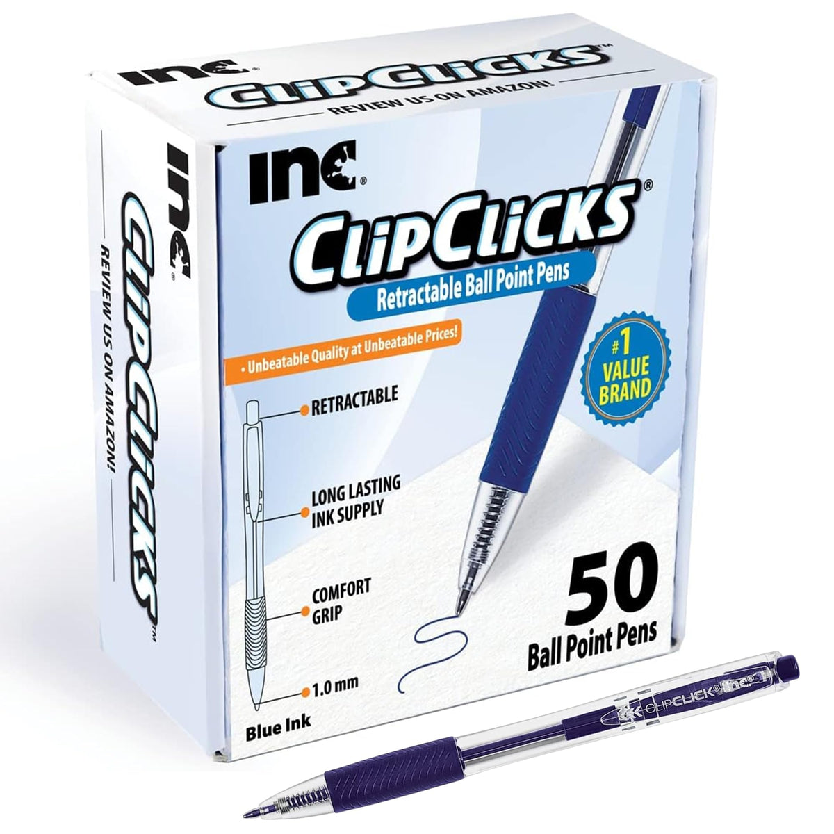 Inc. ClipClicks Retractable Ballpoint Pens - Bulk 1.0-mm Medium-Point Pen Set With Comfort Grip for