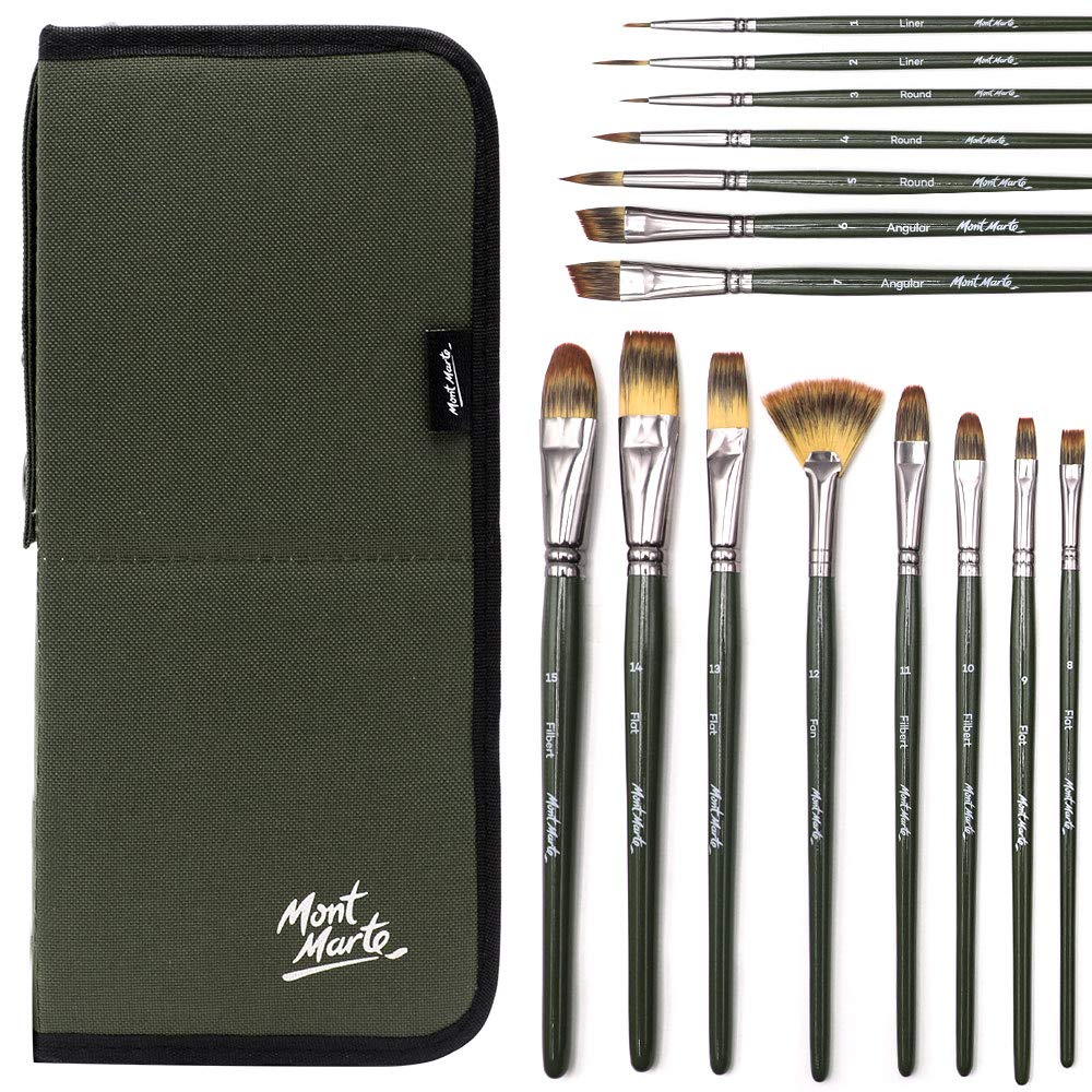 Mont Marte Signature Brush Set with Wallet, 17 Piece, Suitable for Oil, Acrylic, Watercolor and