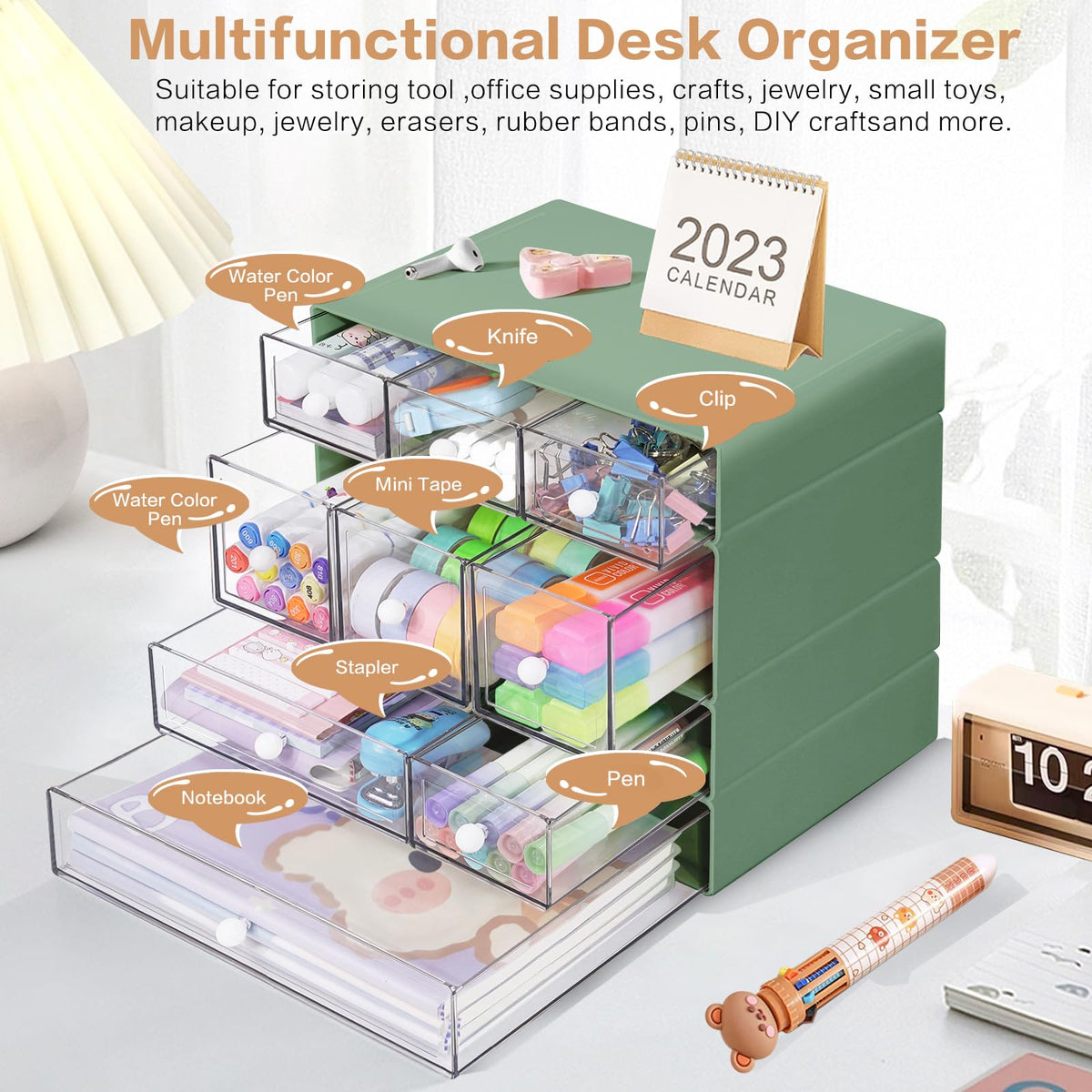 FODIENS Desk Storage Organizer with 9 Drawers, 4 Tiers Stackable Desktop Craft Storage Drawers