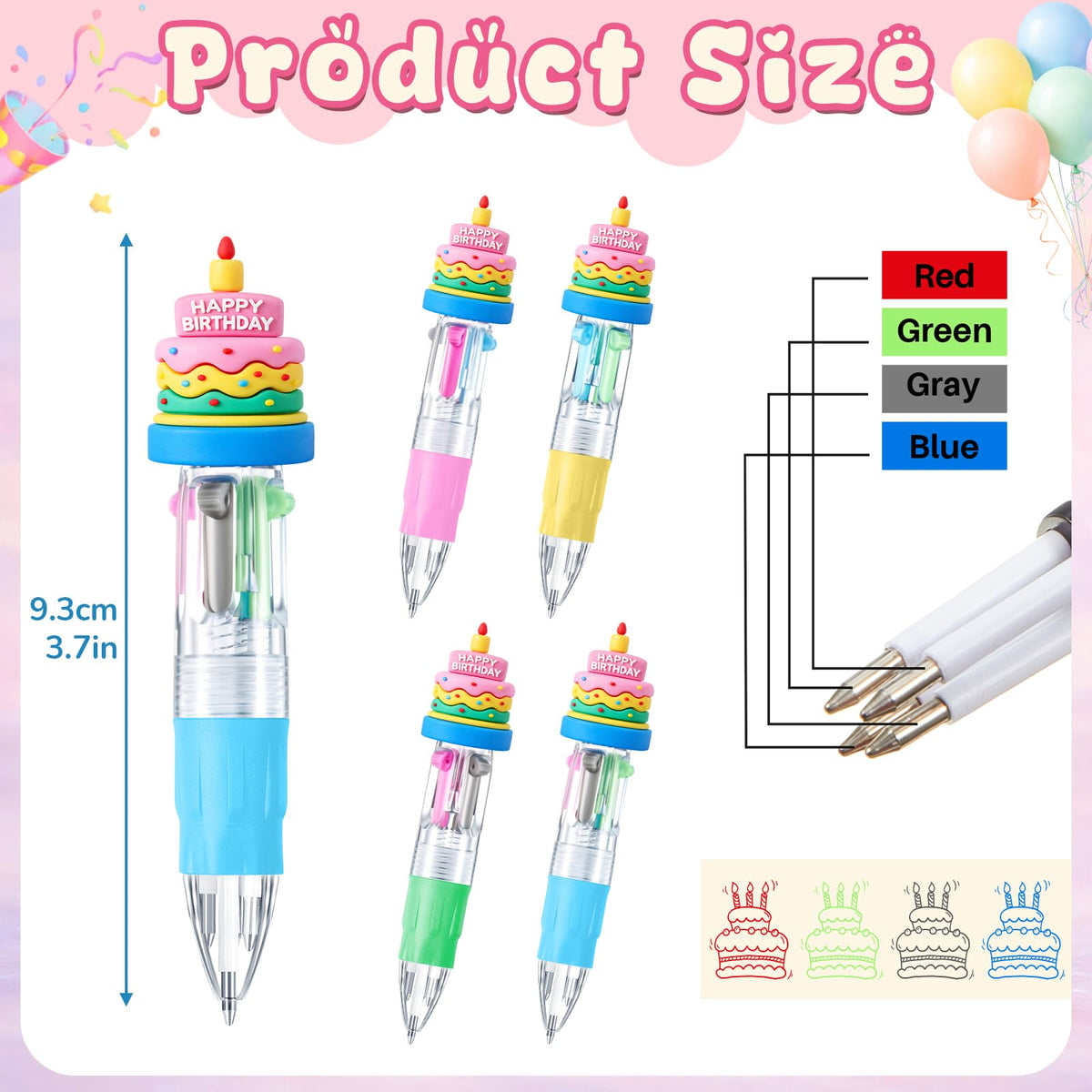 Kosiz24 Pack Happy Birthday Gifts Multicolor 4 in 1 0.5mm Ballpoint Pens