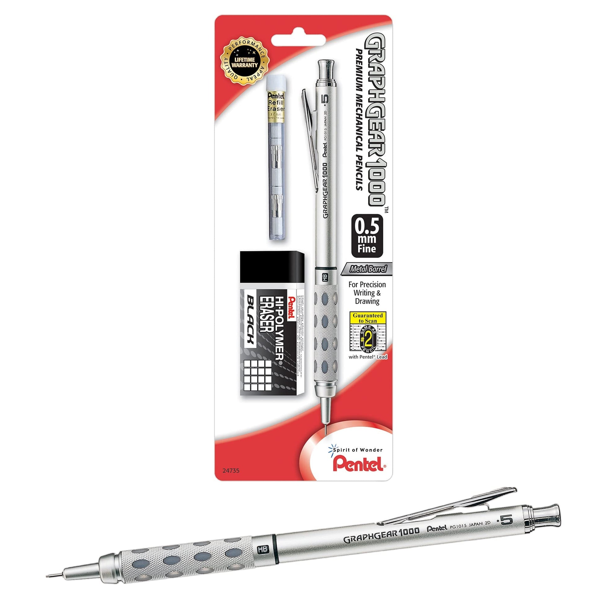 Pentel GraphGear 1000 Mechanical Drafting Pencil (0.5mm), Eraser Refills, 1-Pk (PG1015EBP)