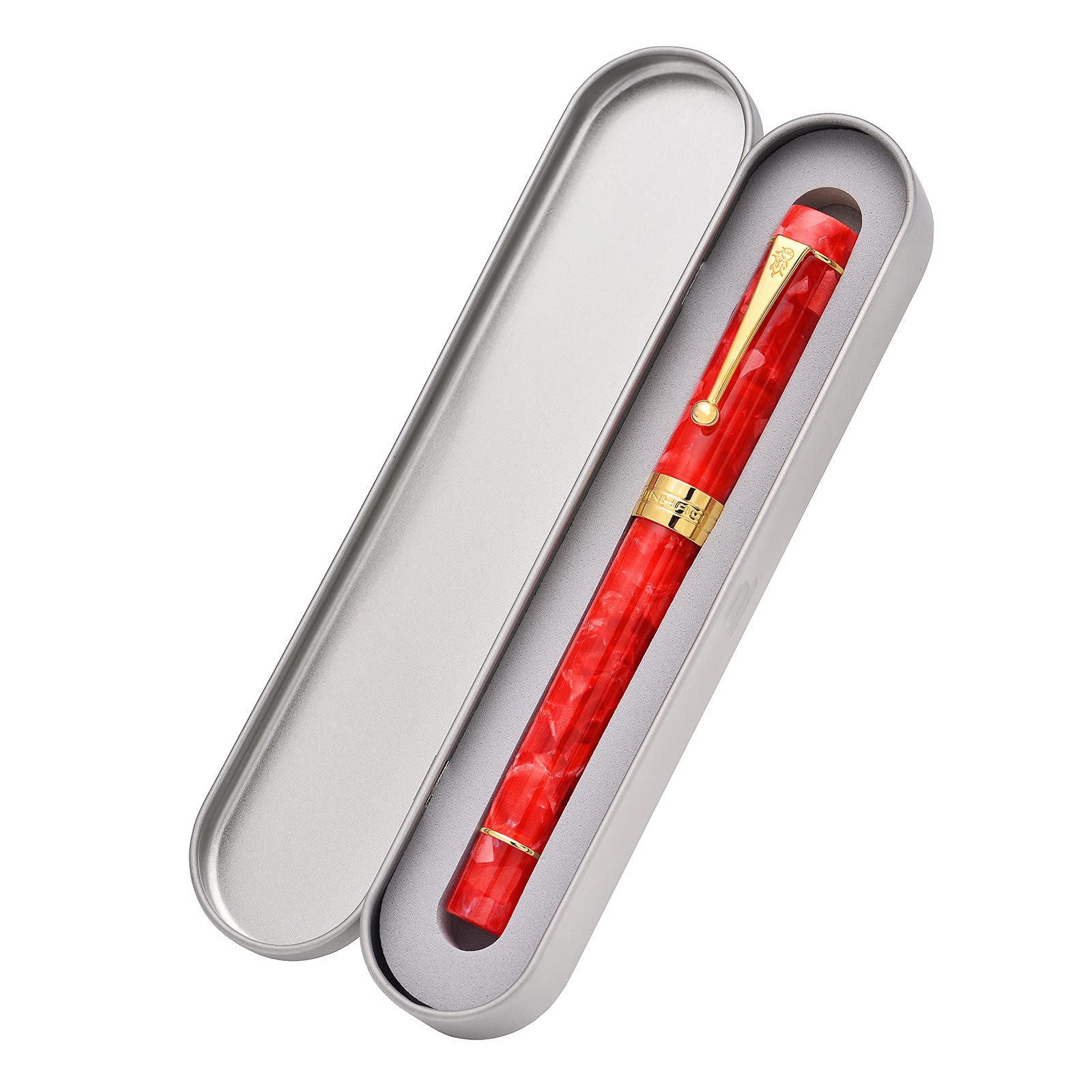 Jinhao 100 Classic Fountain Pen Red Marble Celluloid Gold Trim, Fine Point with Converter and Pen