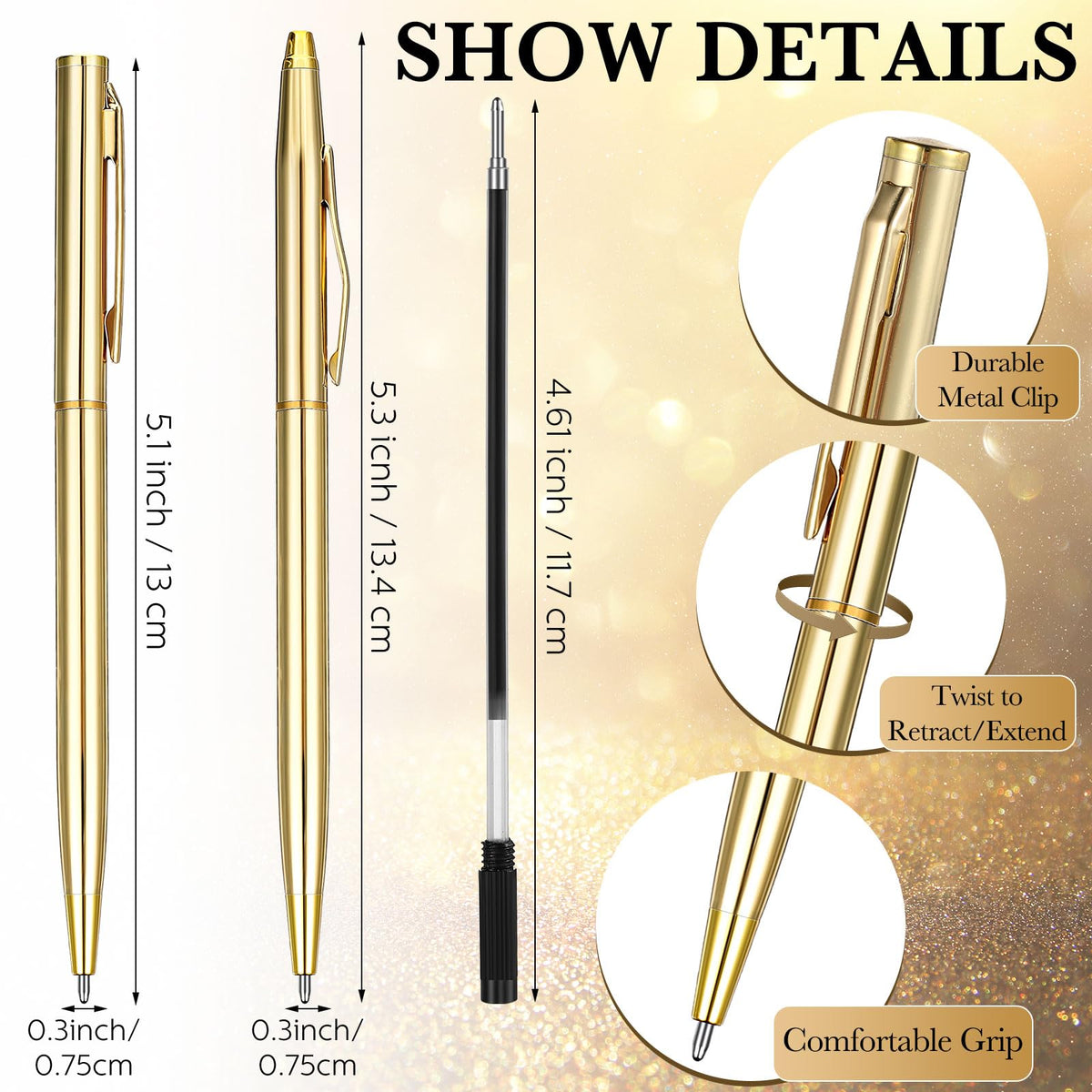 Fuutreo 25 Pack Gold Pens Bulk Metal Slim Ballpoint Retractable Black Ink