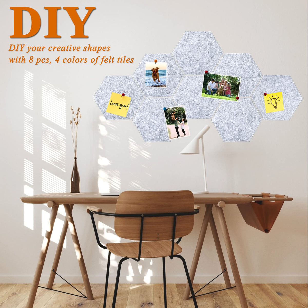 HULAVO 8Pcs Hexagon Felt Cork Board Tiles, Self Adhesive DIY Bulletin Board Pin Board for Office