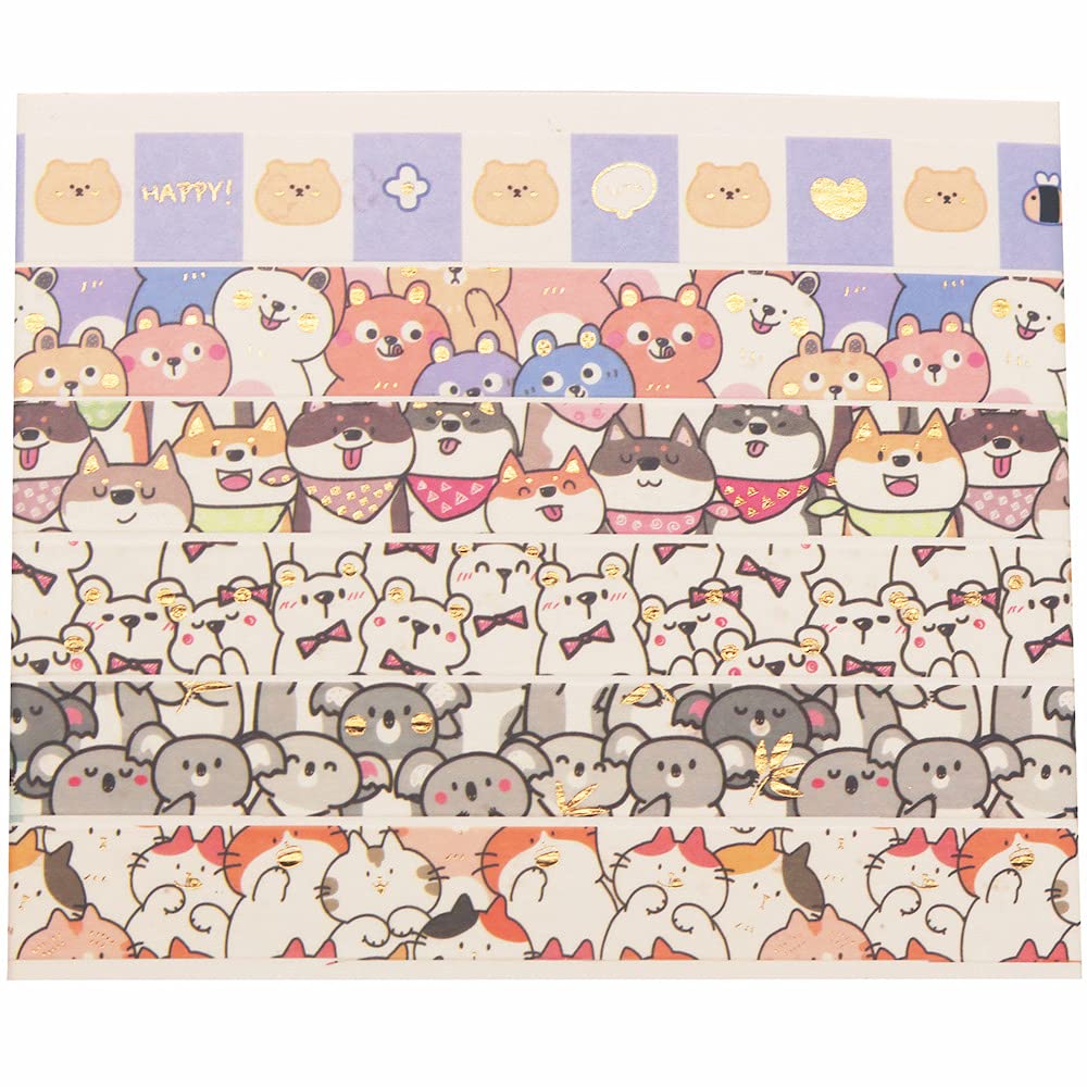 YUBX Cute Pets Washi Tape Set 18 Rolls Skinny Gold Embellishment Decorative Masking Tapes for Arts