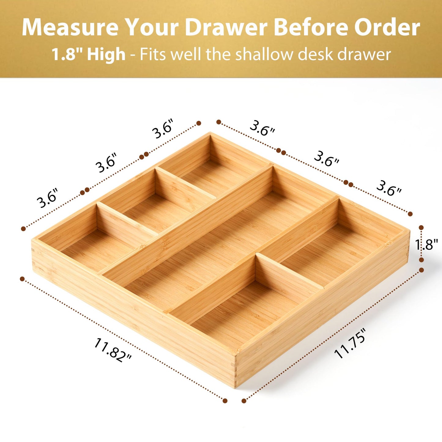 Umilife Bamboo Desk Drawer Organizer, Wood Office Junk Tray, 12"x12"