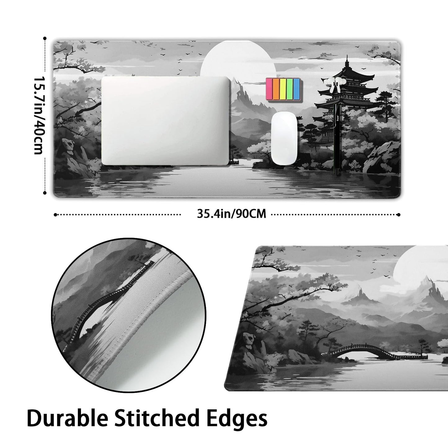 Black Gray Japanese Sakura Gaming Mouse Pad Grey White Cherry Blossom Tower Mountain Aesthetic