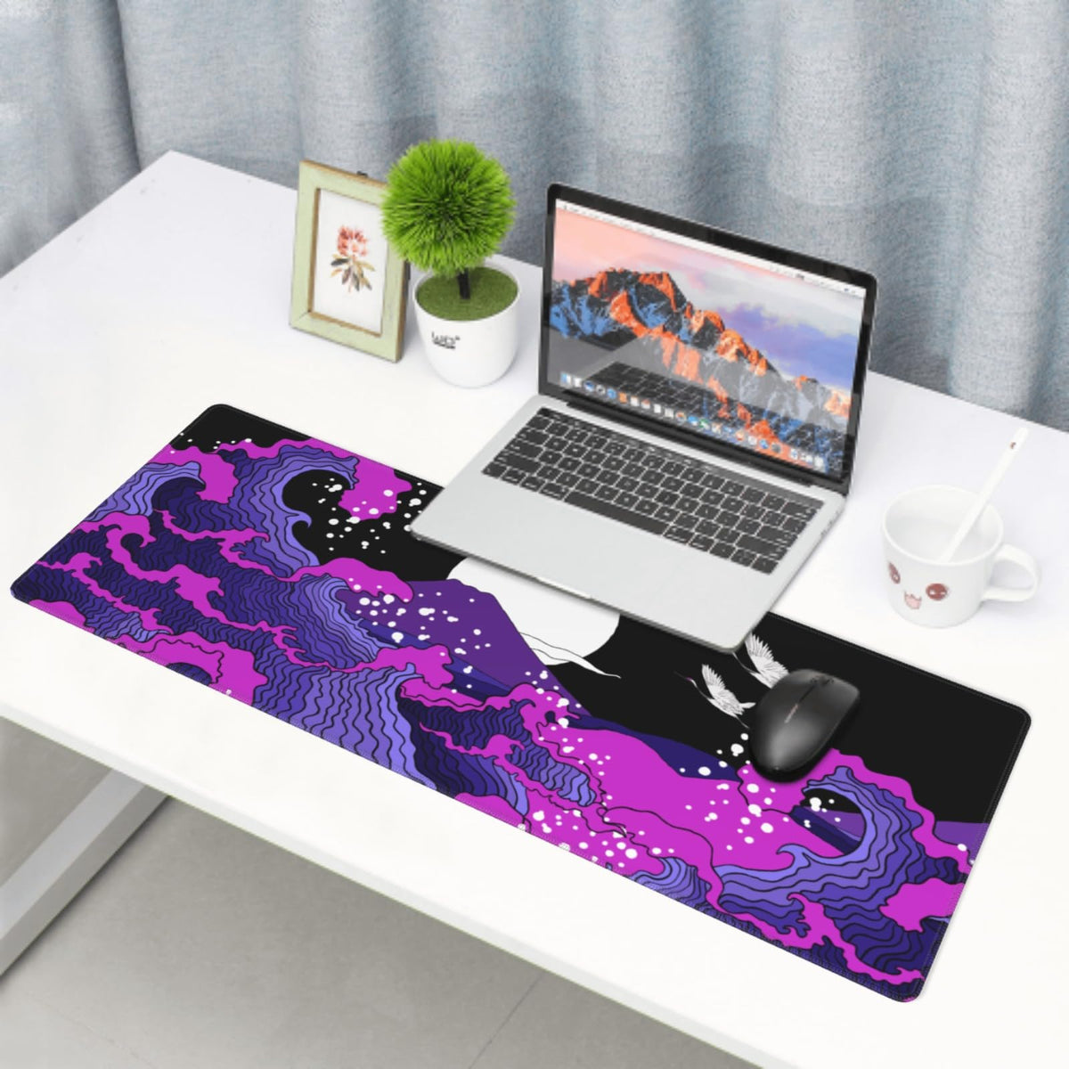 Japanese Balck Blue Purple Wave Gaming Mouse Pad 31.5 X 11.8 Inch XL Cool Style Art Design Print