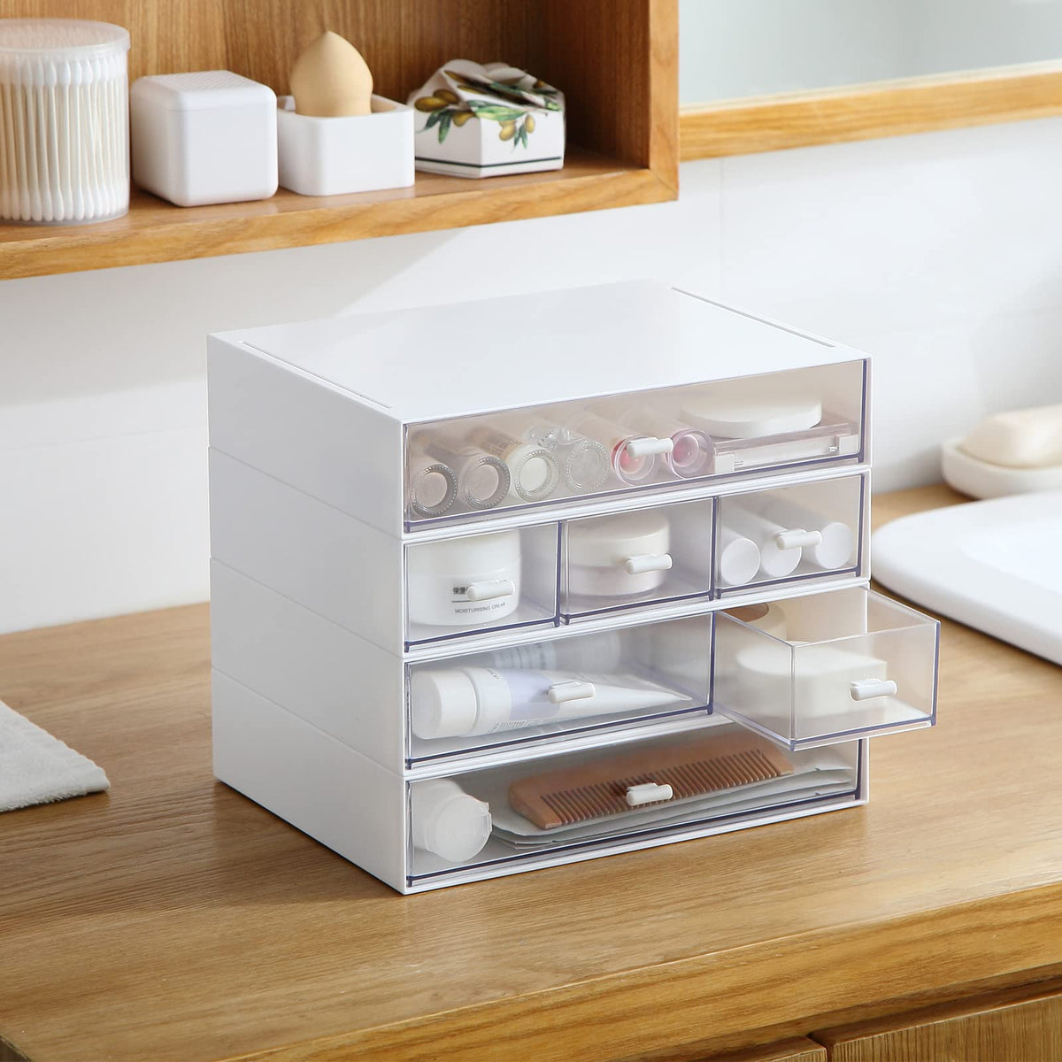 MILULUGO Desk Organizer with 6 Drawers, Makeup Organizer, Plastic Cosmetic Organizer, Bathroom
