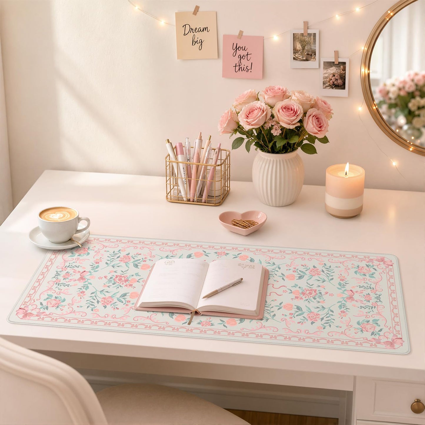 HAOCOO Pink Desk Protector, 31.5" x 11.8" Cute Desk Pad for Vanity Decor