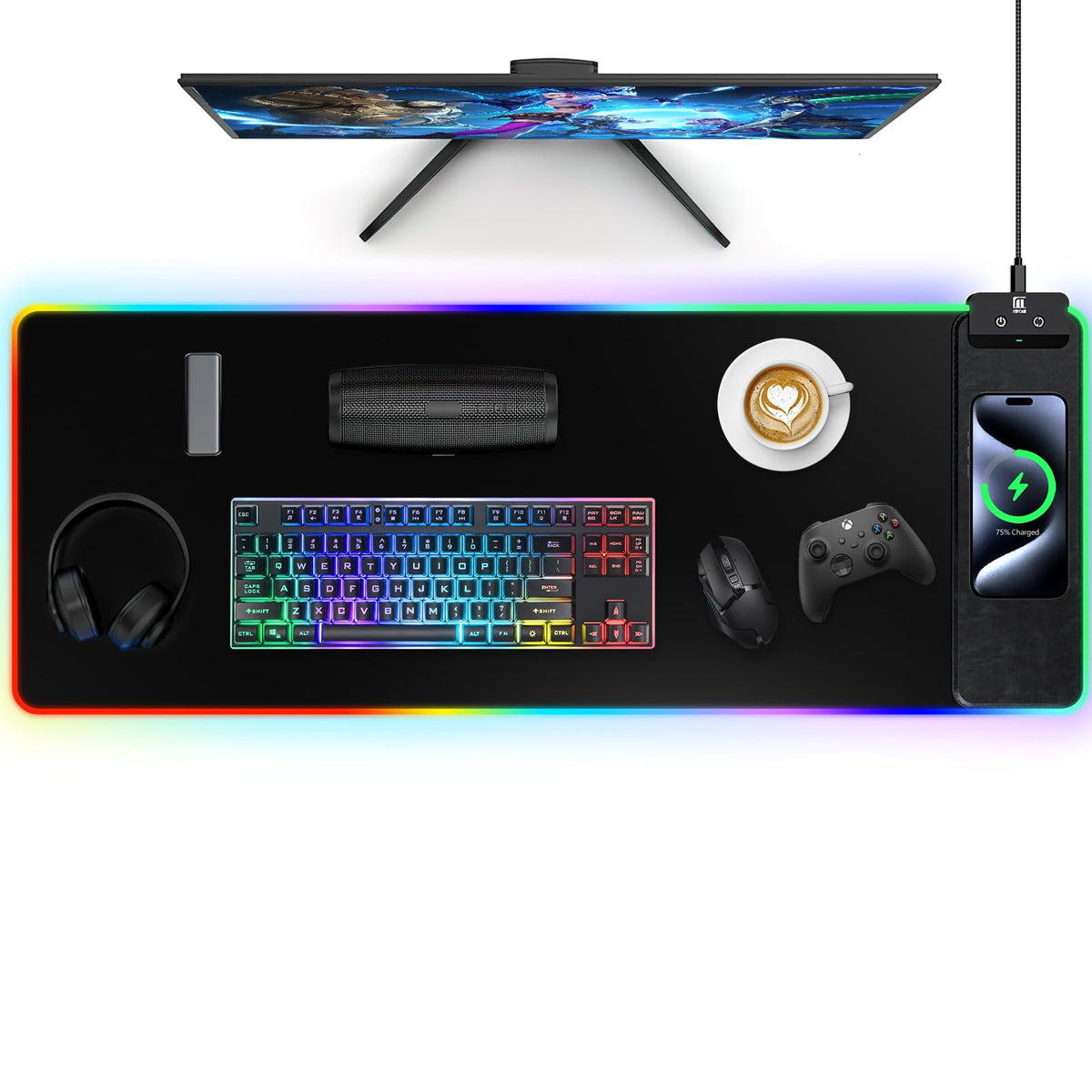Mouse Pad with Wireless Charging, Large Desk Mat RGB Gaming Mousepad, 10 Light Colors LED Gaming
