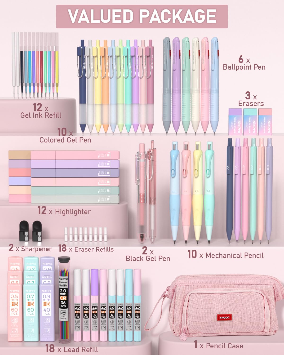 Nicpro 78 Pcs Aesthetic School Supplies with Pen Case, Stationery Set, Pink