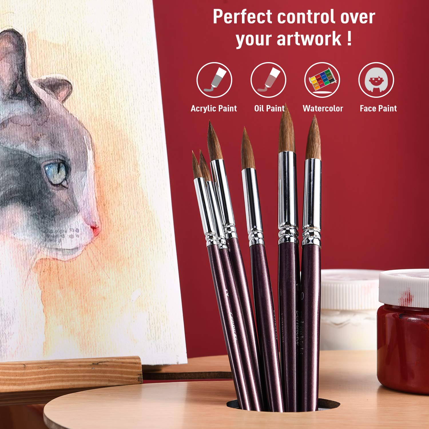 Golden Maple Professional Watercolor Brushes Set - 6PC Natural Hair Horsehair Round Point Artist