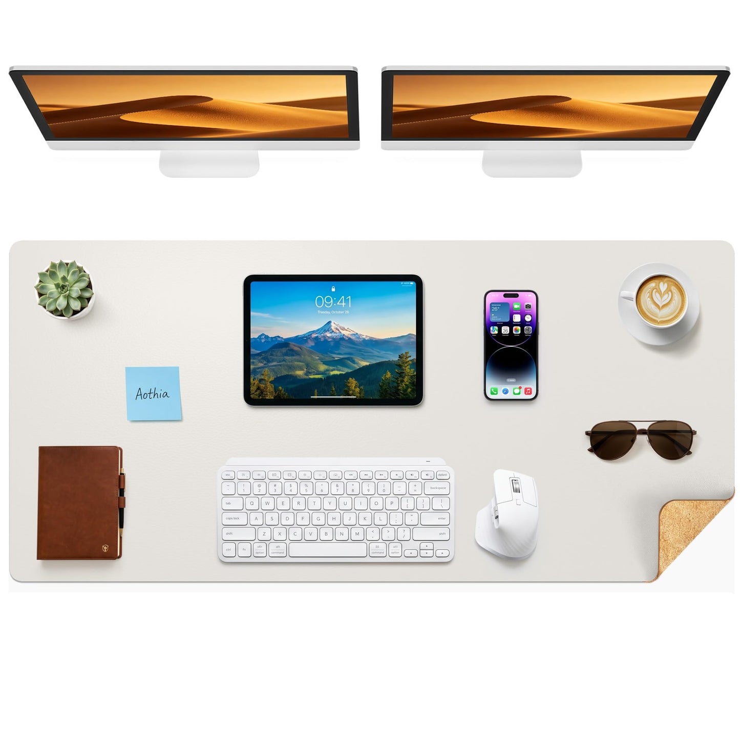 Aothia Cork Desk Mat - Dual-Sided Extra Large Desk Pad & Keyboard Mat, Long PU Leather Desk