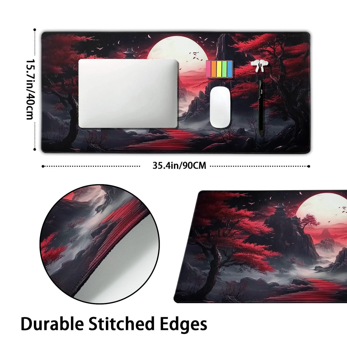 Black Red Japanese Mouse Pad XXL Moon Sakura Cherry BLoosm Tree Extended Table Mat 90X40 cm