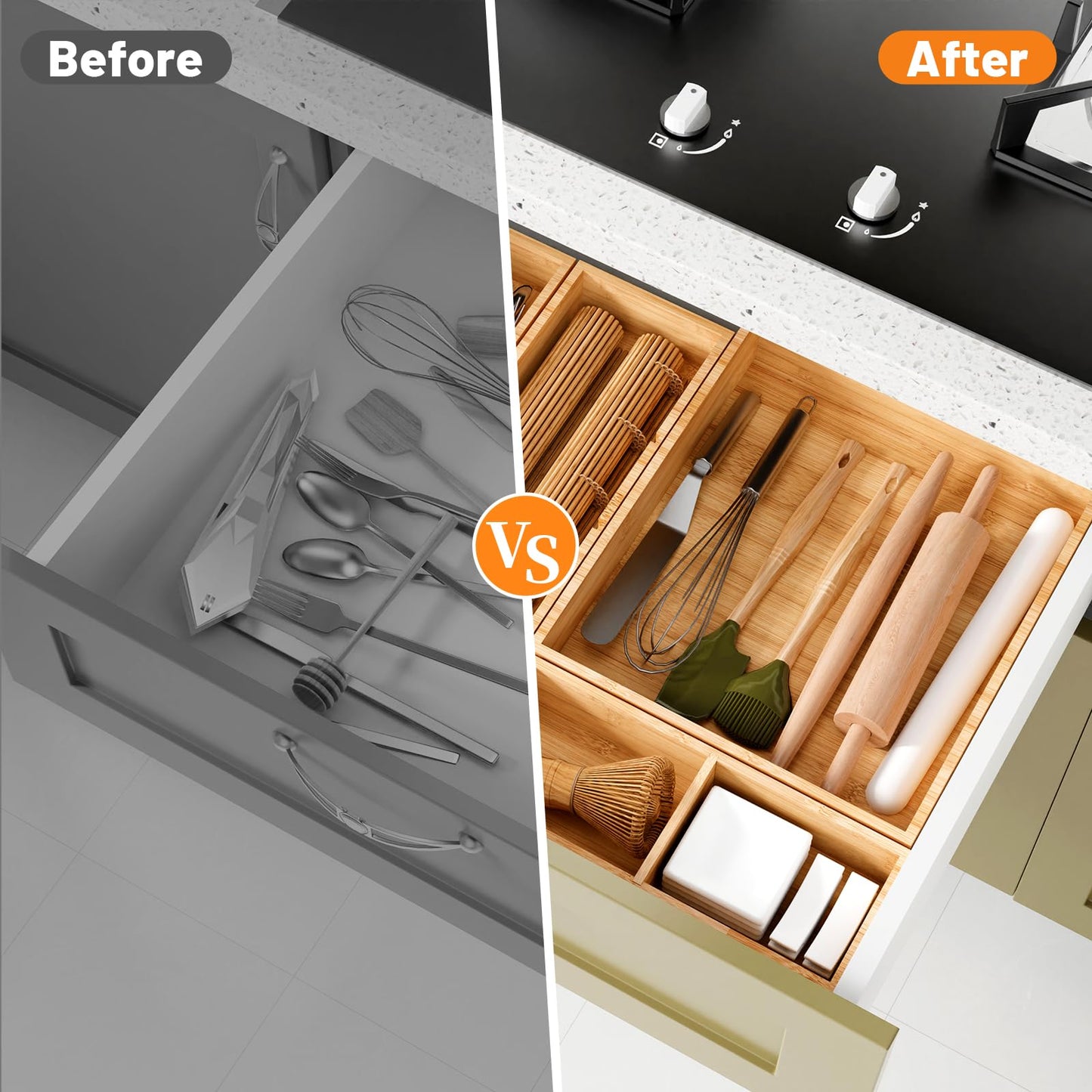 Bamboo Drawer Organizer, 10-Piece Stackable Trays with Removable Dividers