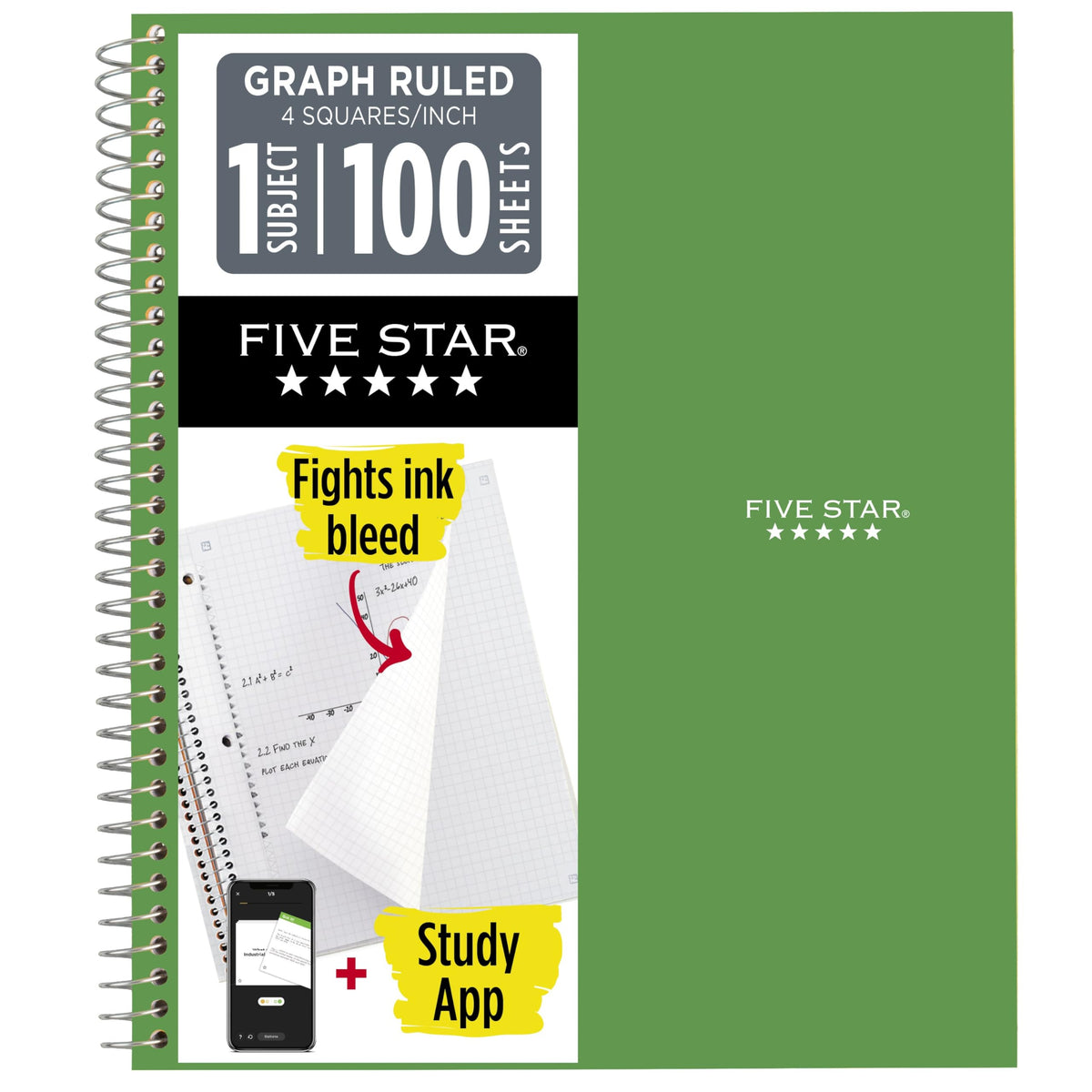 Five Star Spiral Notebook + Study App, 1 Subject, Graph Ruled Paper, 8-1/2" x 11", 100 Sheets