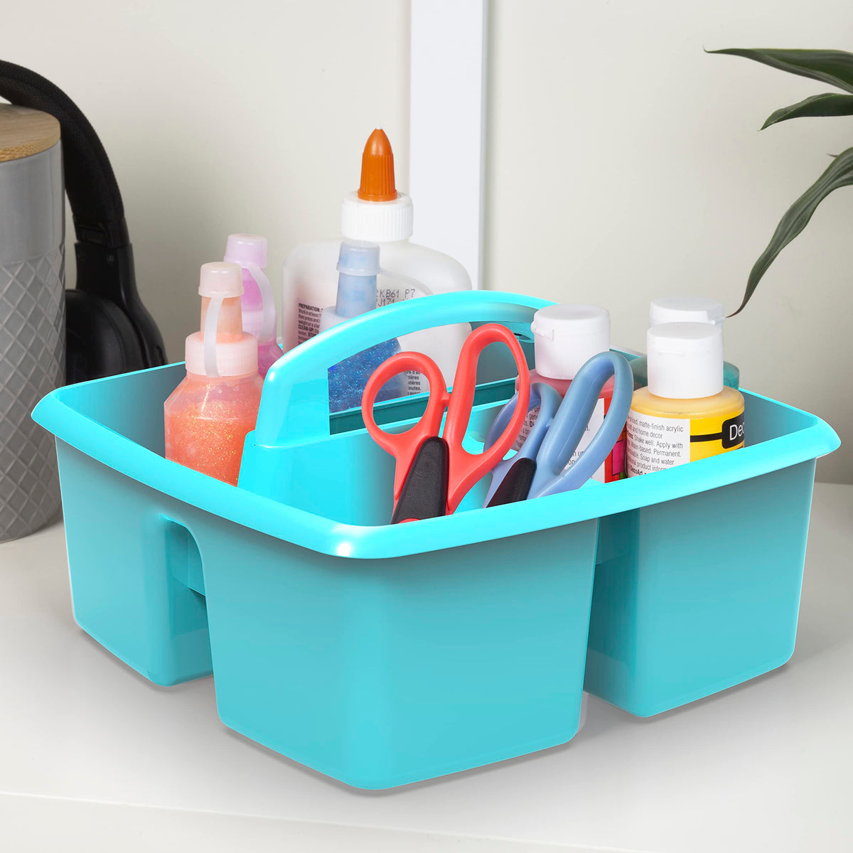 Storex 3-Compartment Small Caddy – Multipurpose Classroom Organizer with Handle, Aquamarine, 6-Pack