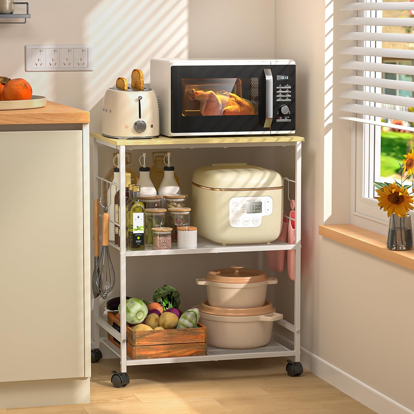 ThreeHio Rolling Kitchen Microwave Cart, 3 Tier Microwave Table Stand with Storage, Kitchen Utility