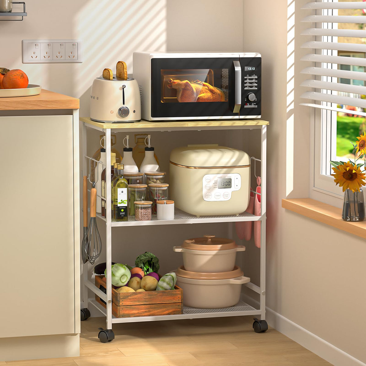 ThreeHio Rolling Kitchen Microwave Cart, 3 Tier Microwave Table Stand with Storage, Kitchen Utility