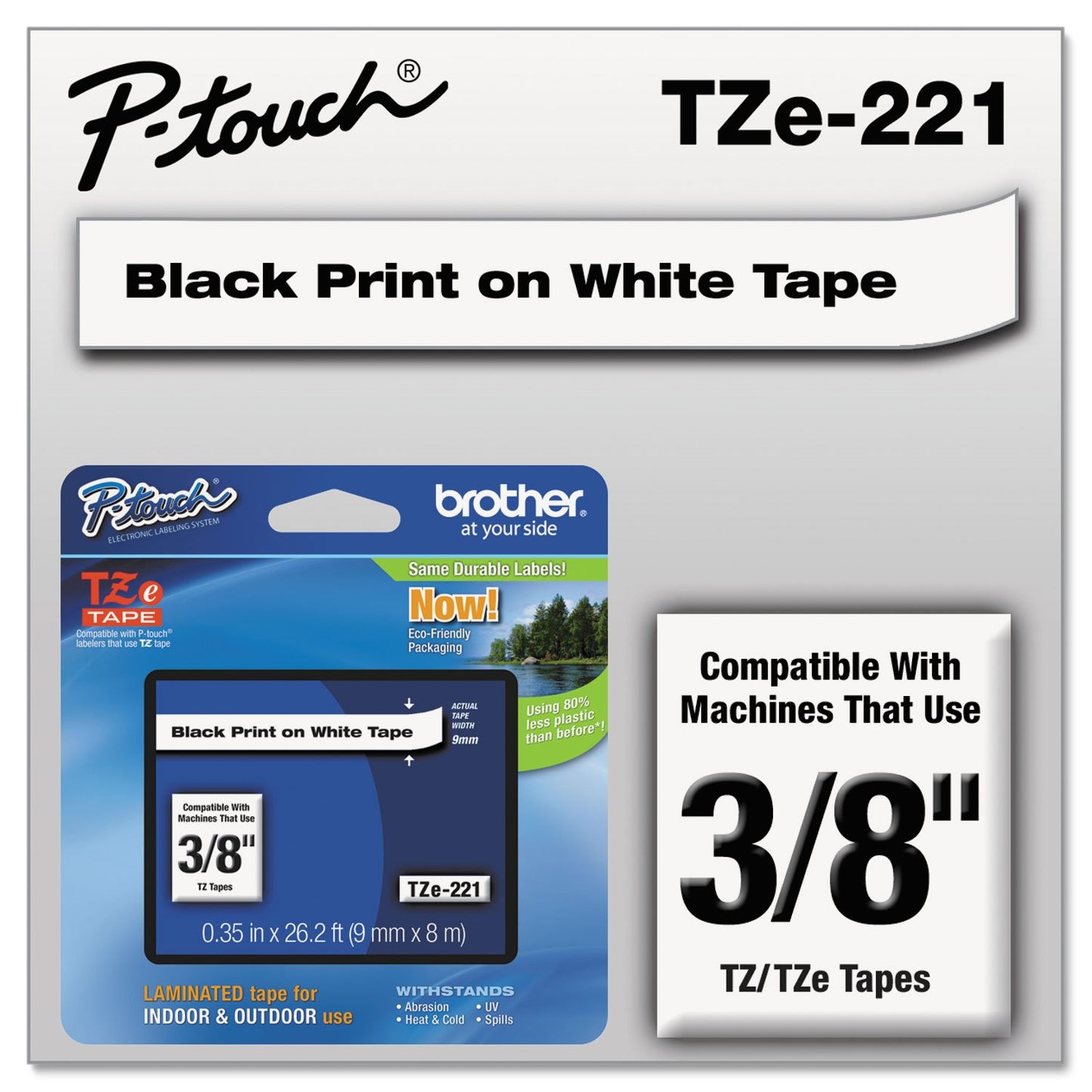 Brother(R) TZe-221 Black-On-White Tape, 0.38in. x 26.2ft., BRTTZ221