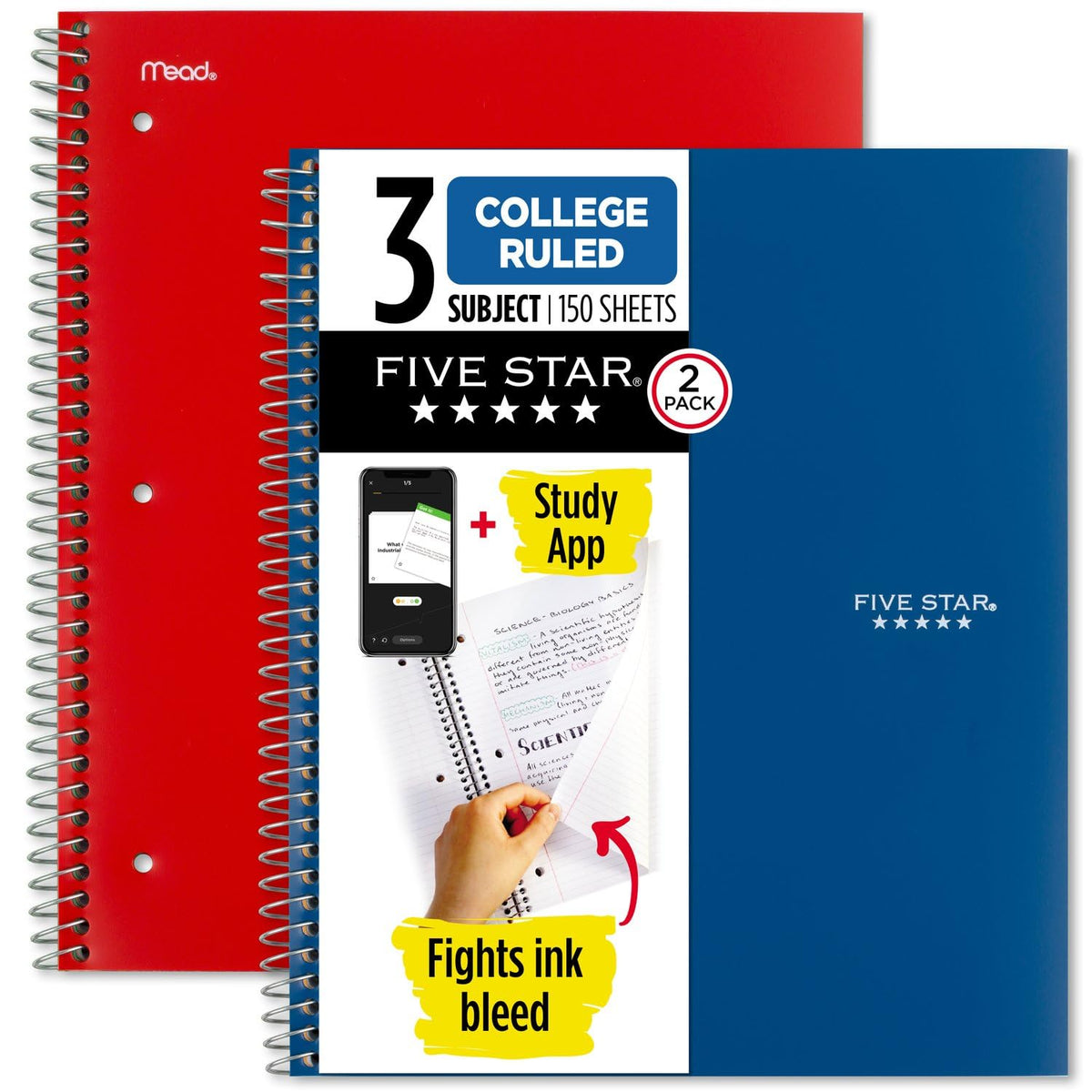 Five Star Spiral Notebooks Plus Study App, 2 Pack, 3 Subject, College Ruled Paper, 11" x 8-1/2"