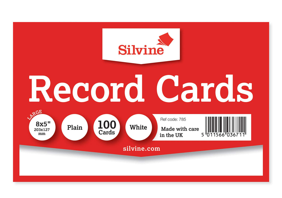 Silvine 8x5" White Record Cards - Plain, 100 cards per pack. Ref 785 (203 x 127mm)