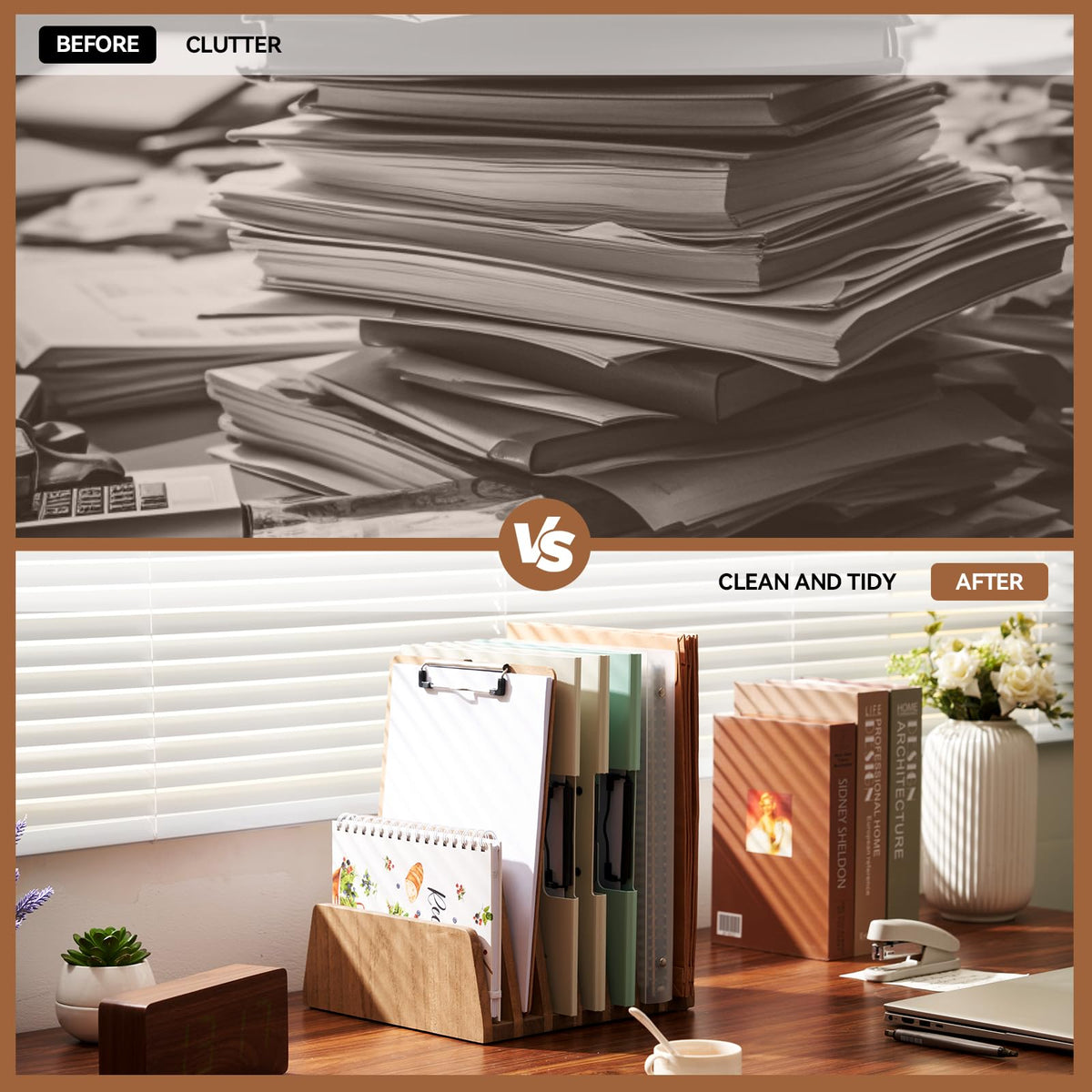 KIRIGEN Wooden File Organizer, 7-Slot Upright Holder for Desk, Brown 7K-DBR