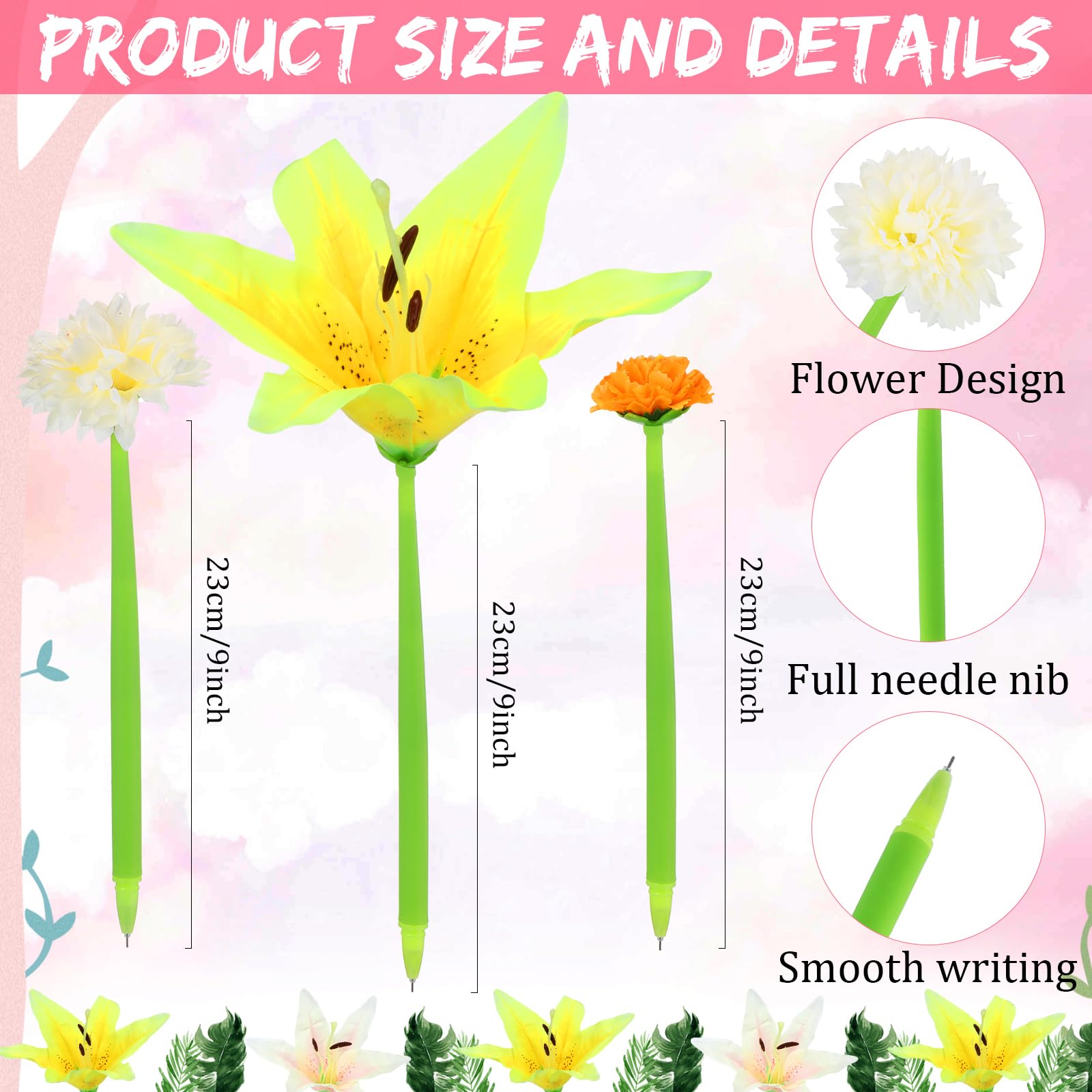BBTO 24 Pcs First Day Flower Pen Ballpoint with Flower Top, Fresh