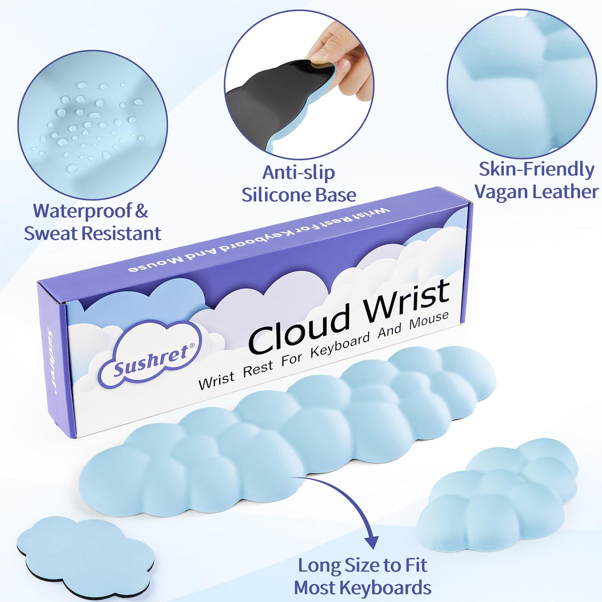 Sushret Cloud Wrist Rest Keyboard, Cloud Keyboard Wrist Pad Set with PU Leather Memory Foam, Cute