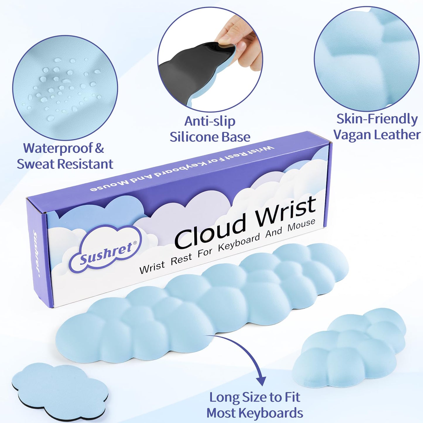 Sushret Cloud Wrist Rest Keyboard, Cloud Keyboard Wrist Pad Set with PU Leather Memory Foam, Cute