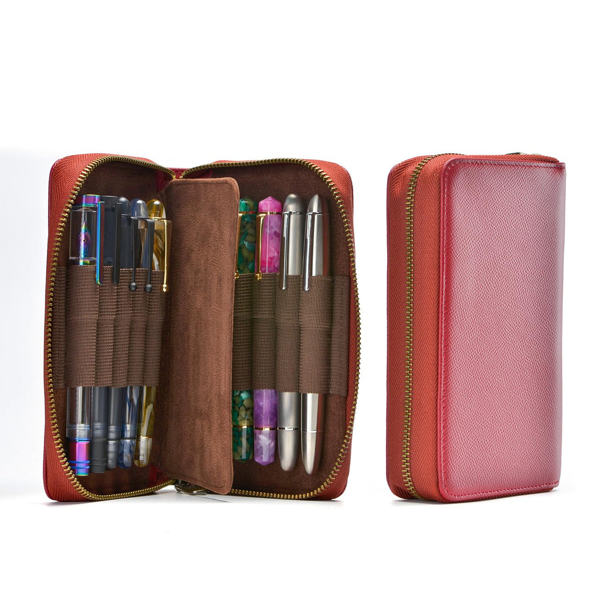 Fountain Pen Case Genuine Leather Pen Case 10 Divided Slots Wine Red, Rollerball Pen Holder