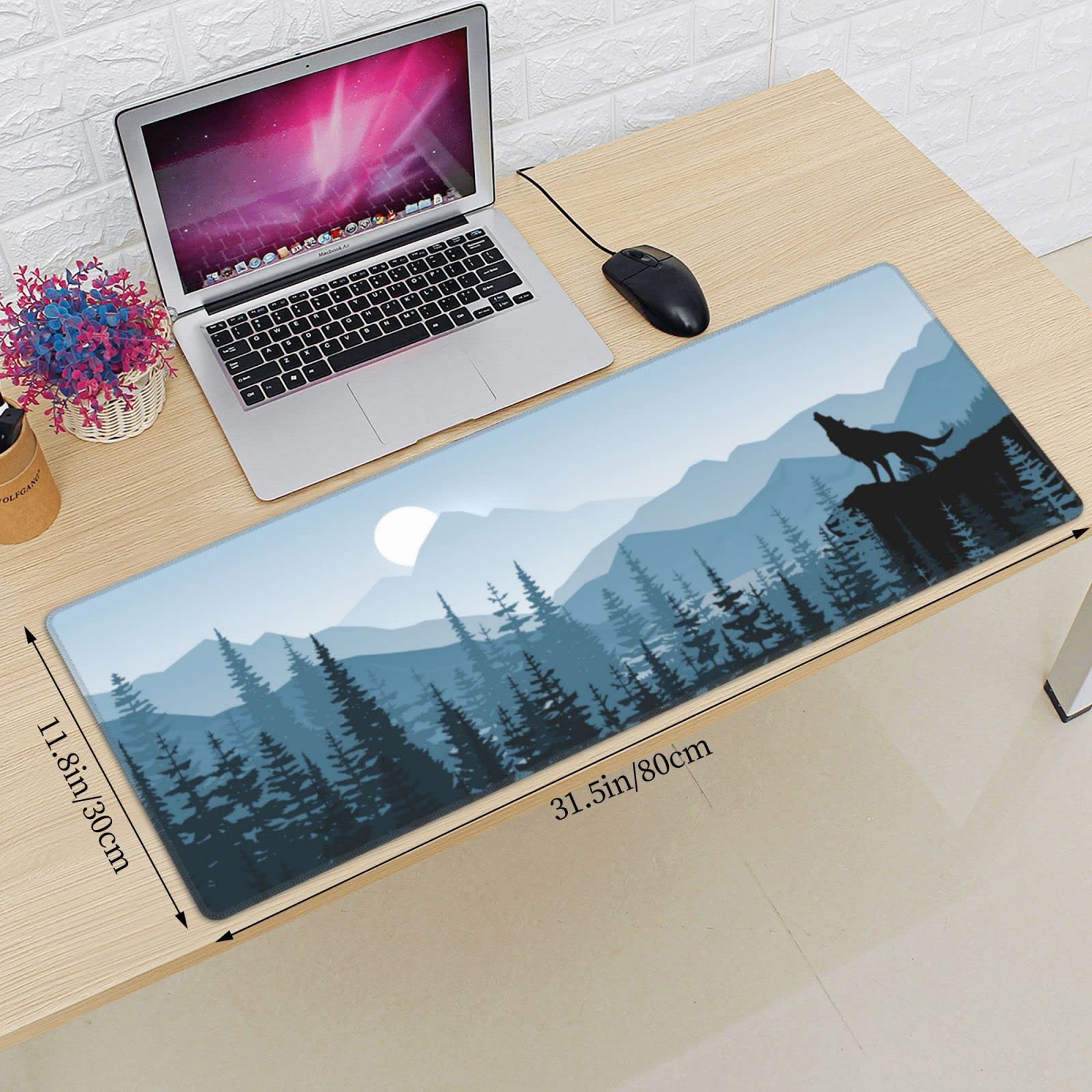 Fog Forest Blue Mountains Wolf Tree XXL XL Large Gaming Mouse Pad for Desk, Non-Slip Long Extended