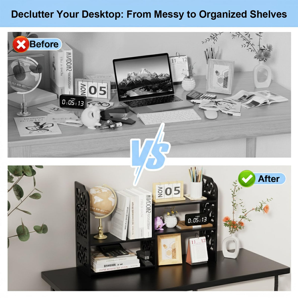 YGYQZ Adjustable Desktop Shelf Organizer, 3-Tier Desk Shelf, Black Pattern