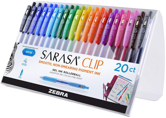 Zebra Pen SARASA Clip Retractable Gel Pen, Rainbow Assorted Ink, 20-Pk