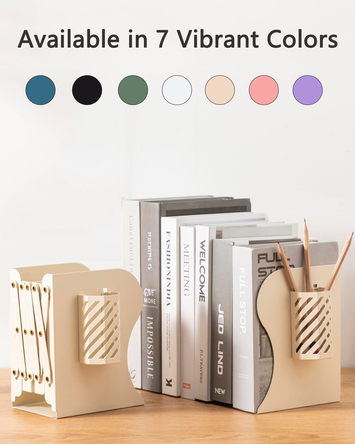Kingsmile Book Ends, Adjustable Heavy Duty Metal Book Stoppers with Pen Holder for Desk Office