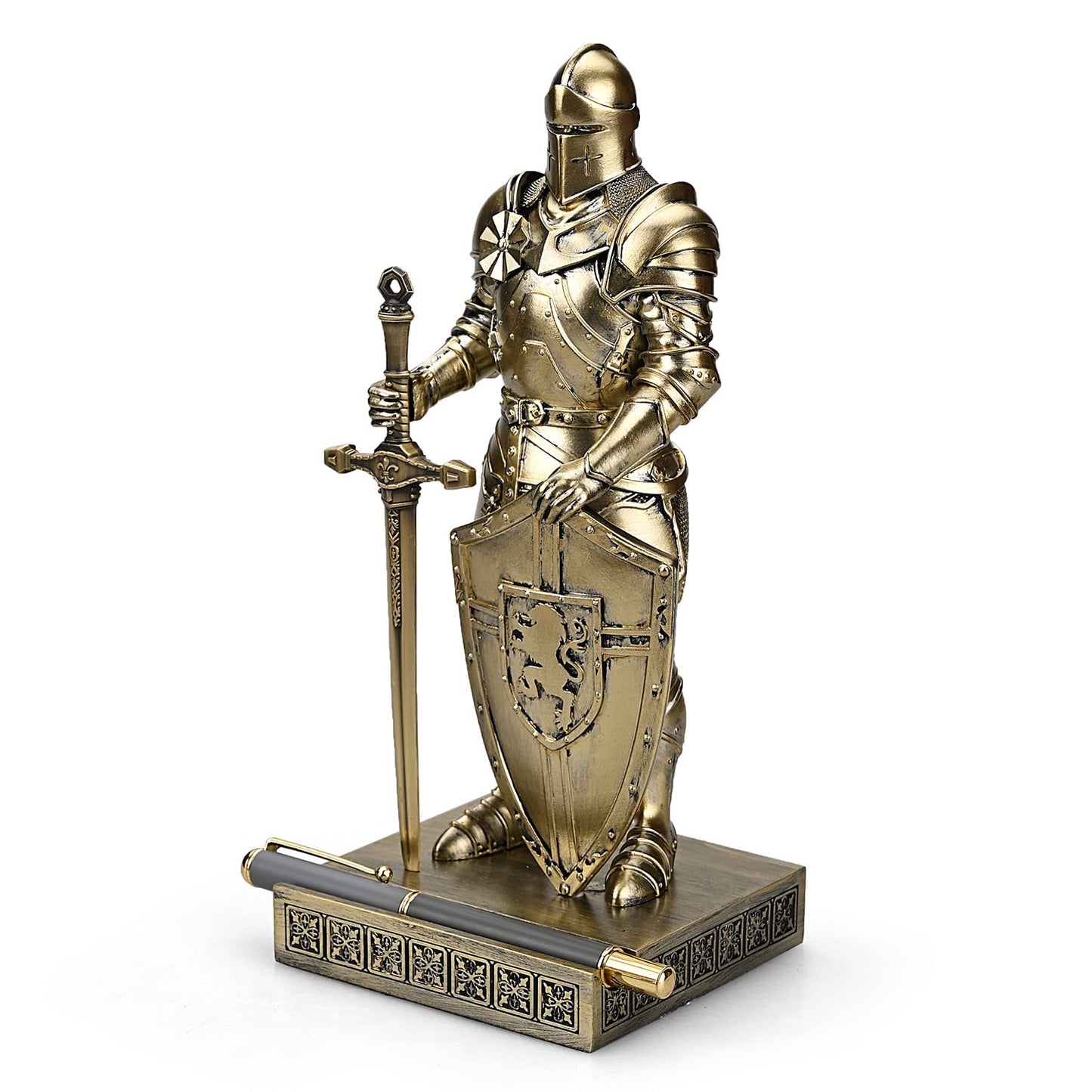 HDMbigmi King's Guard Knight Pen Holder Statue with Shield for Desk Bronze