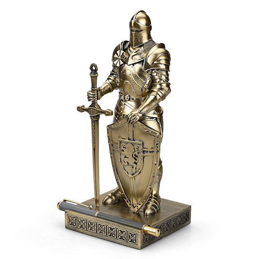 HDMbigmi King's Guard Knight Pen Holder Statue with Shield for Desk Bronze