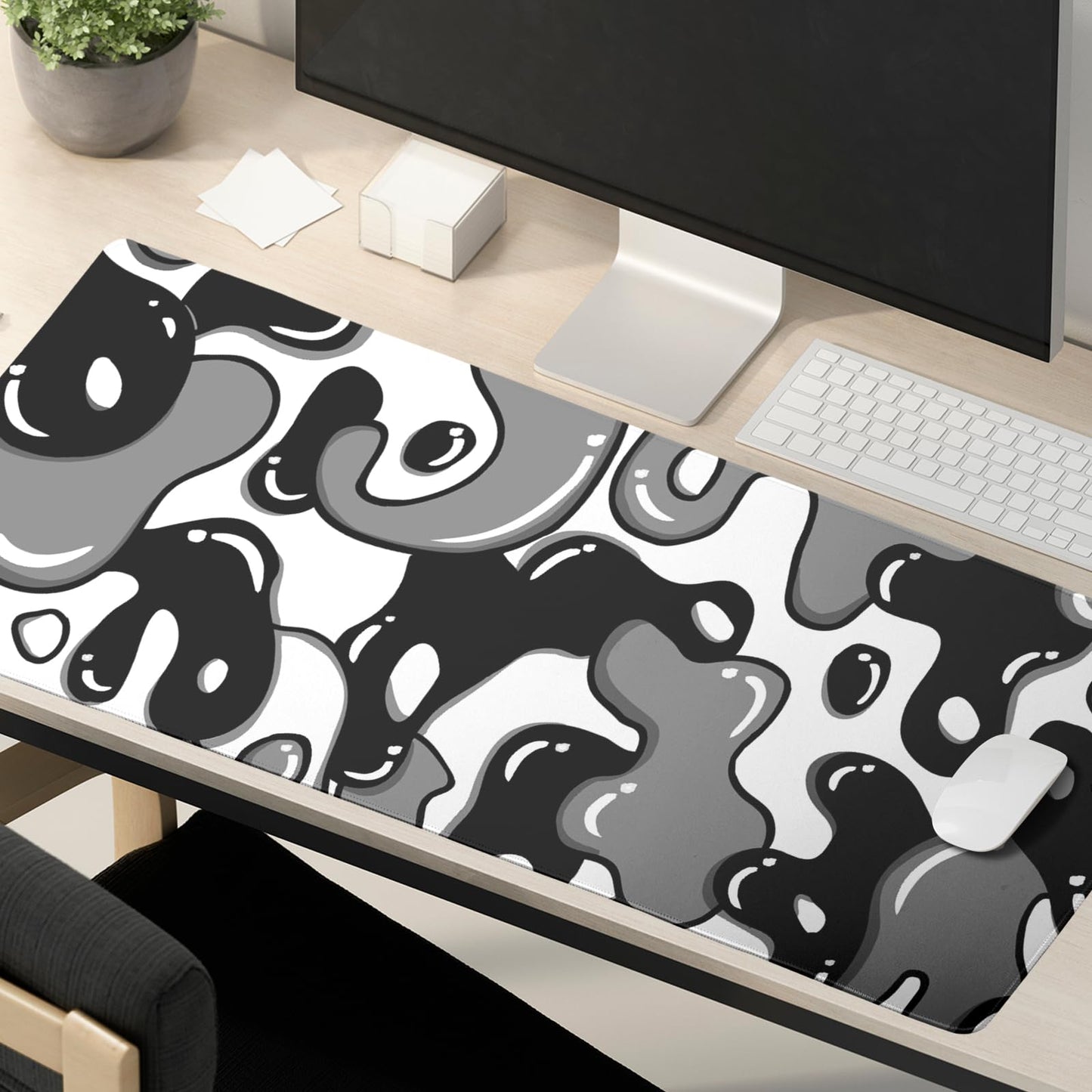 Black White Geometric Japanese Mouse Pad Desk Mat 35.4" x 15.7" Abstract Extended Large Gaming